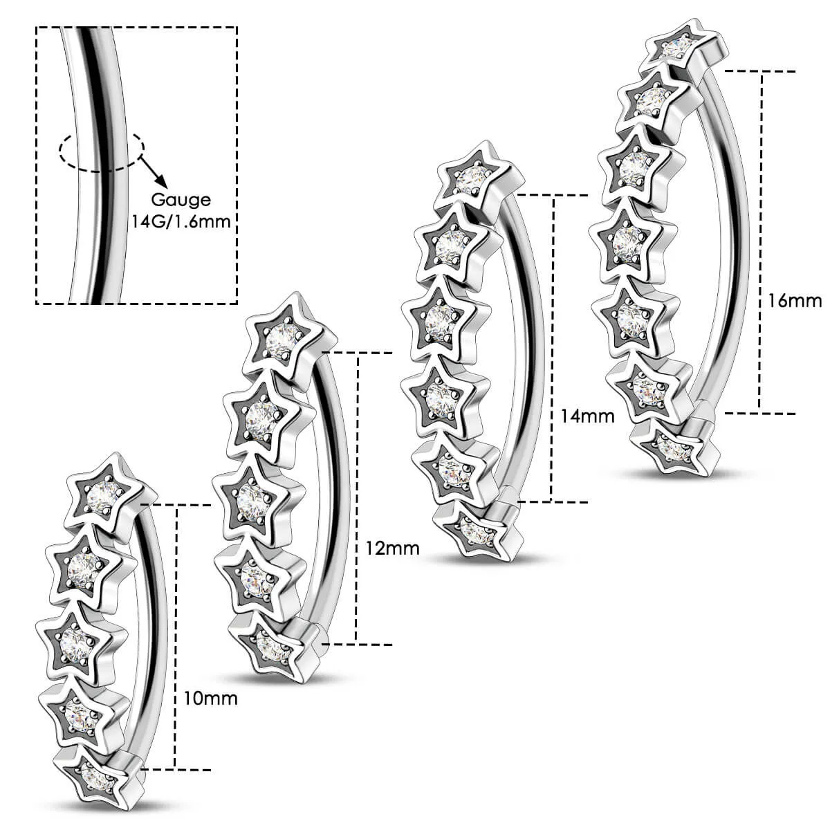14G 10-16mm Star Climber Belly Button Ring