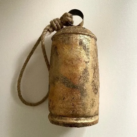 8" rustic tin bell with brass finish and wood striker