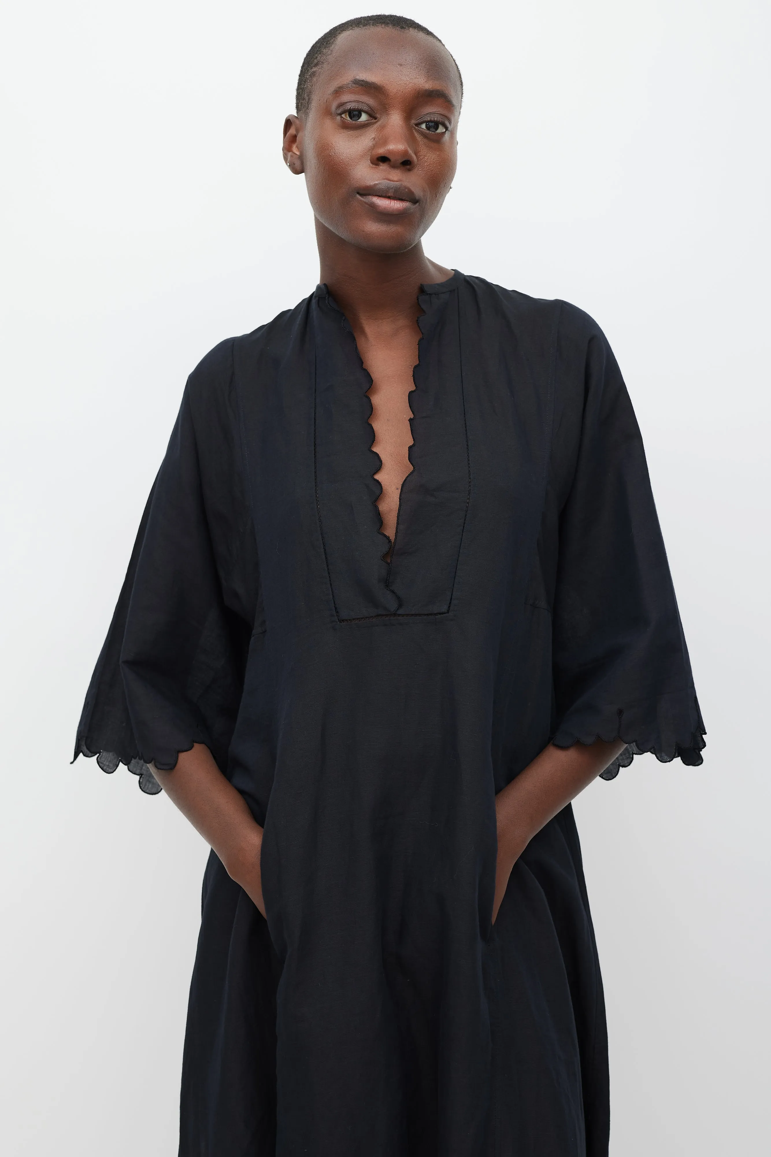 Black Linen Scalloped Dress