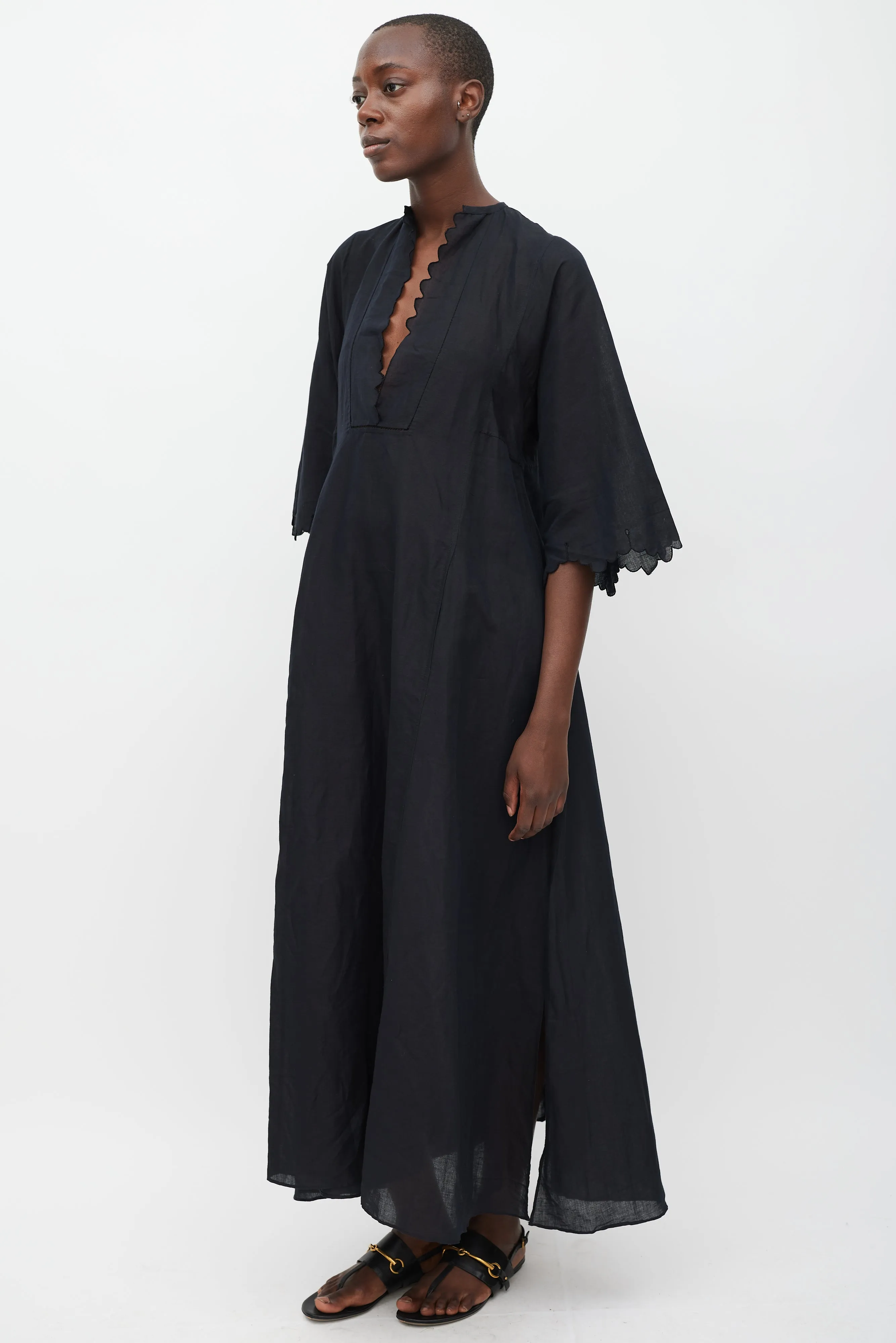 Black Linen Scalloped Dress