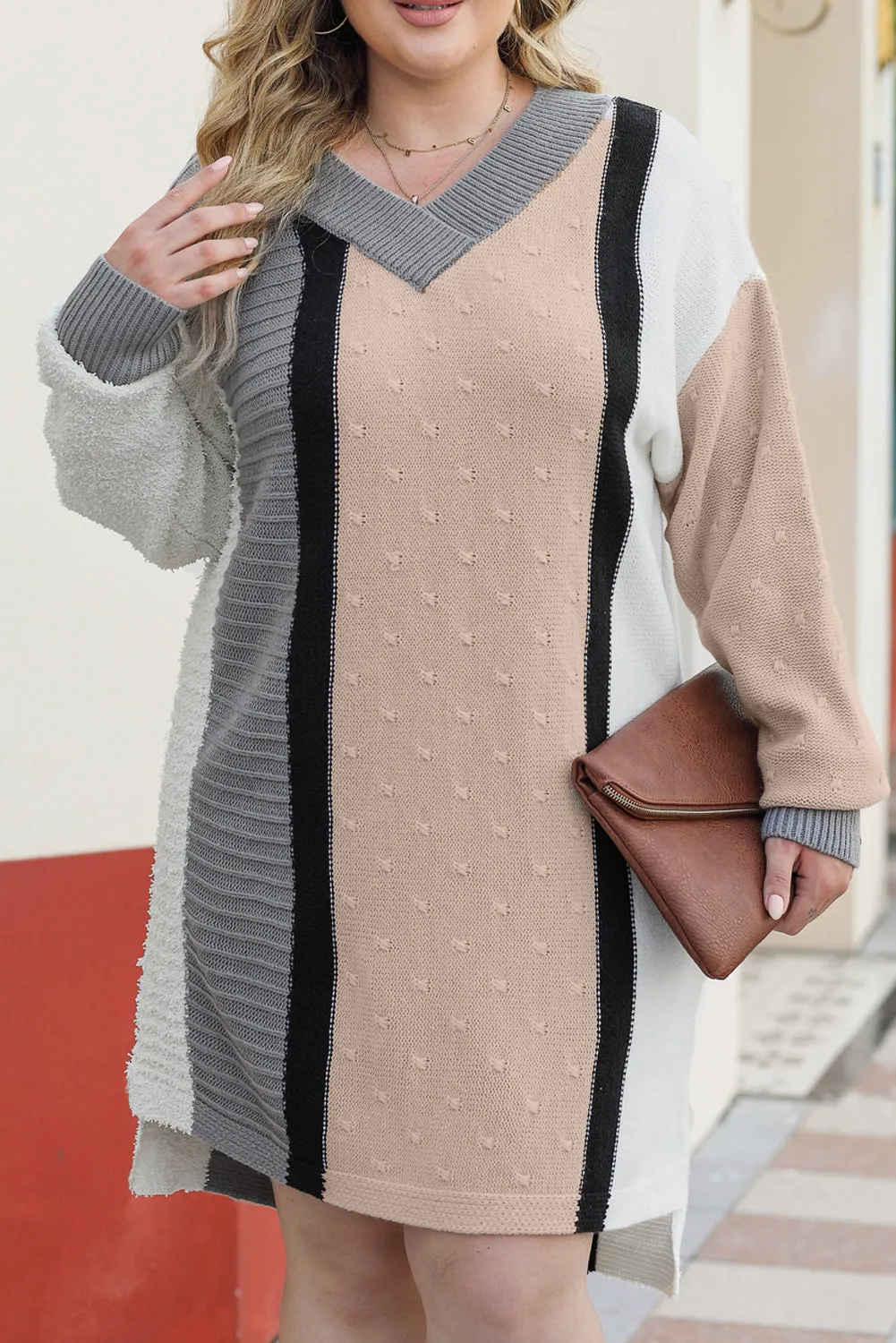 Blue Zone Planet |  Apricot Mixed Boucl Color Block Plus Size Sweater Dress