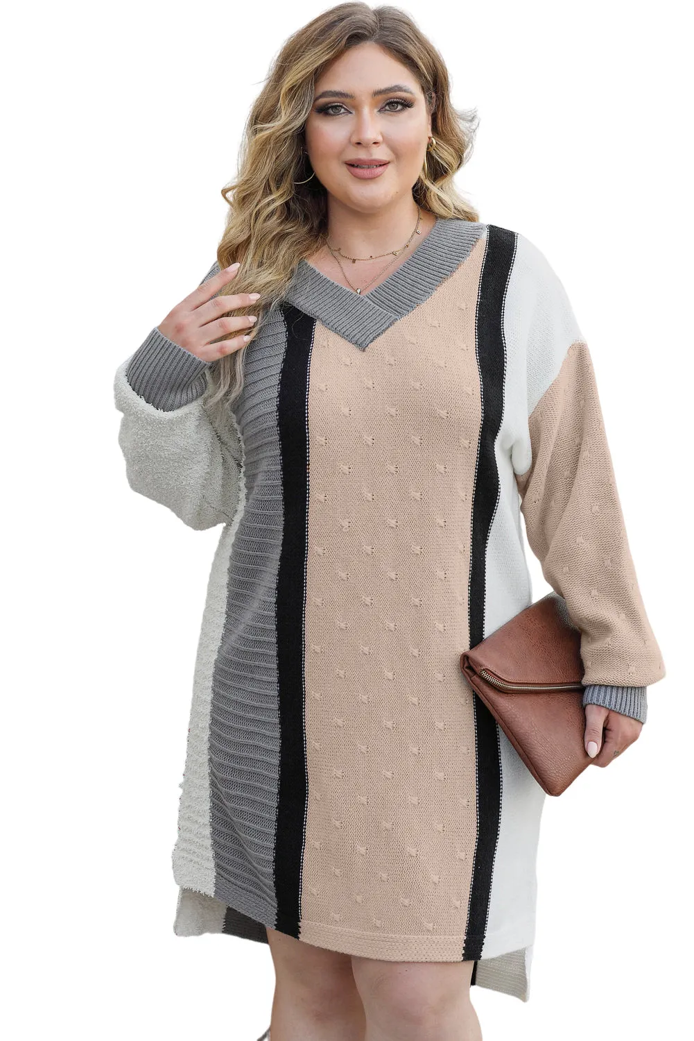 Blue Zone Planet |  Apricot Mixed Boucl Color Block Plus Size Sweater Dress