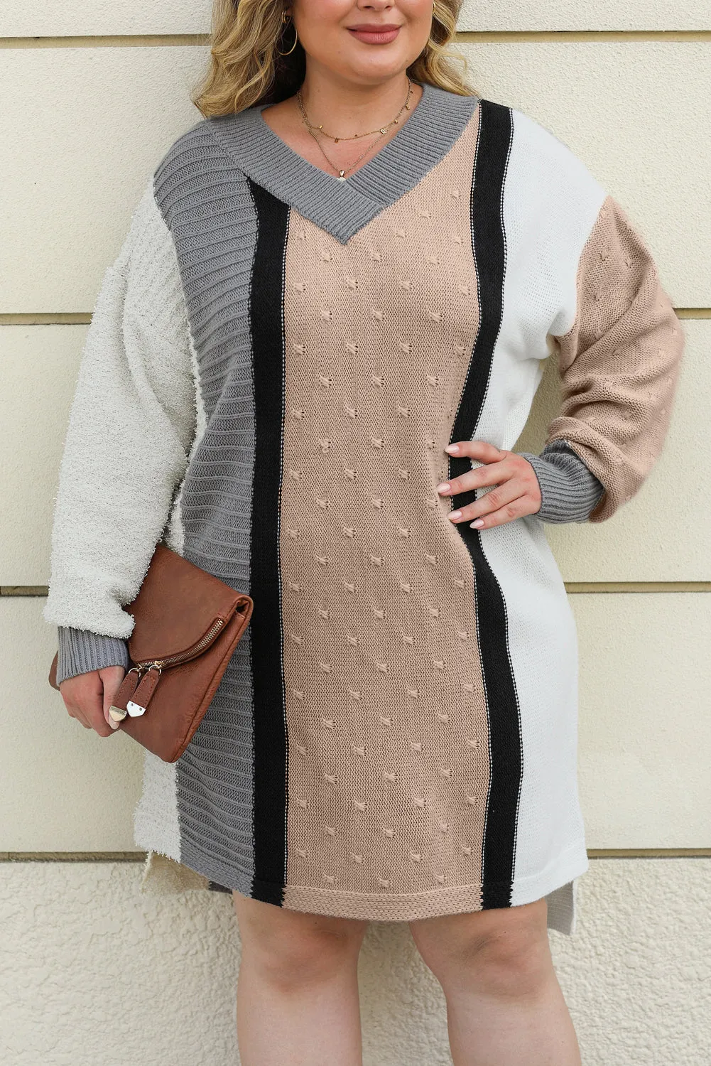 Blue Zone Planet |  Apricot Mixed Boucl Color Block Plus Size Sweater Dress