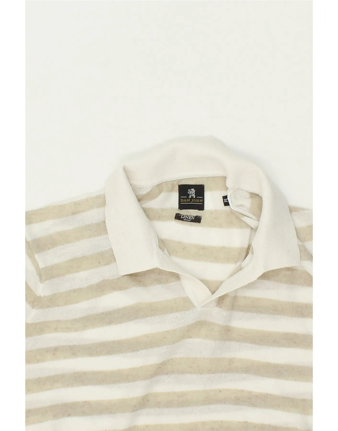 DAN JOHN Mens Short Sleeve Polo Neck Jumper Sweater Medium Beige Striped