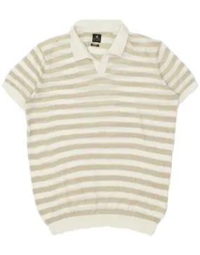 DAN JOHN Mens Short Sleeve Polo Neck Jumper Sweater Medium Beige Striped