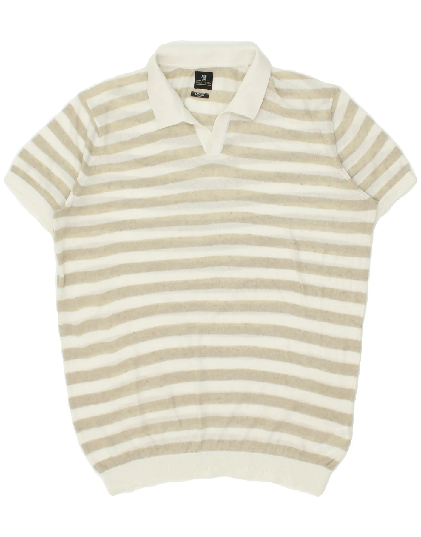 DAN JOHN Mens Short Sleeve Polo Neck Jumper Sweater Medium Beige Striped