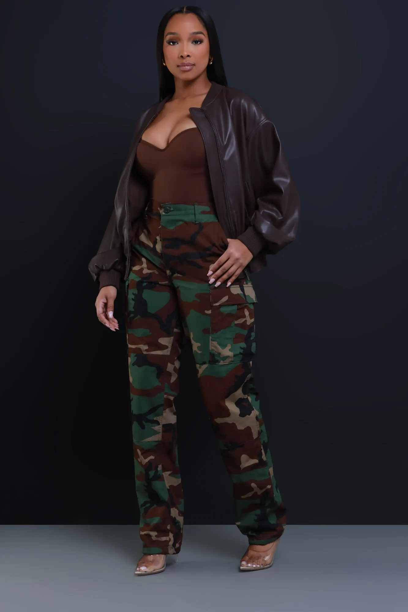 Drag Me Faux Leather Bomber Jacket - Brown