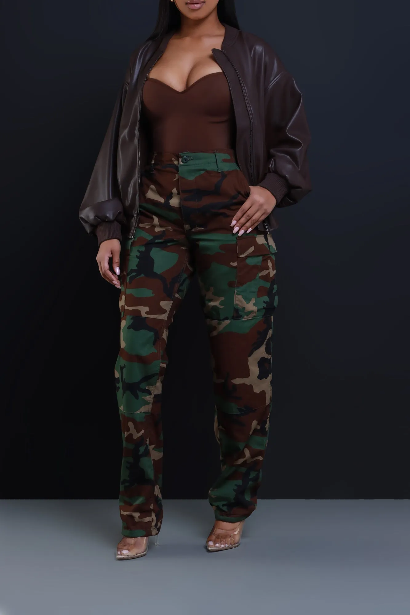 Drag Me Faux Leather Bomber Jacket - Brown