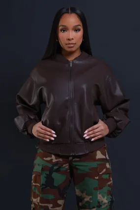 Drag Me Faux Leather Bomber Jacket - Brown