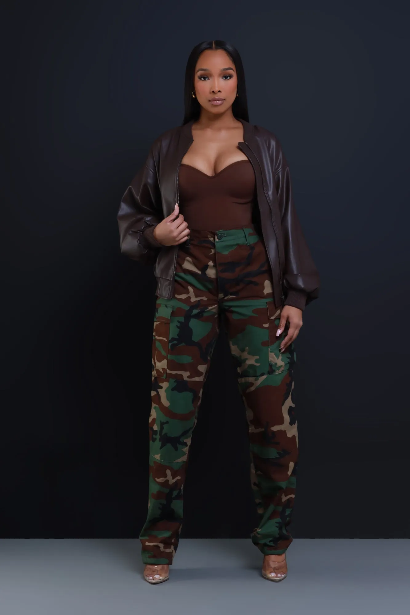 Drag Me Faux Leather Bomber Jacket - Brown