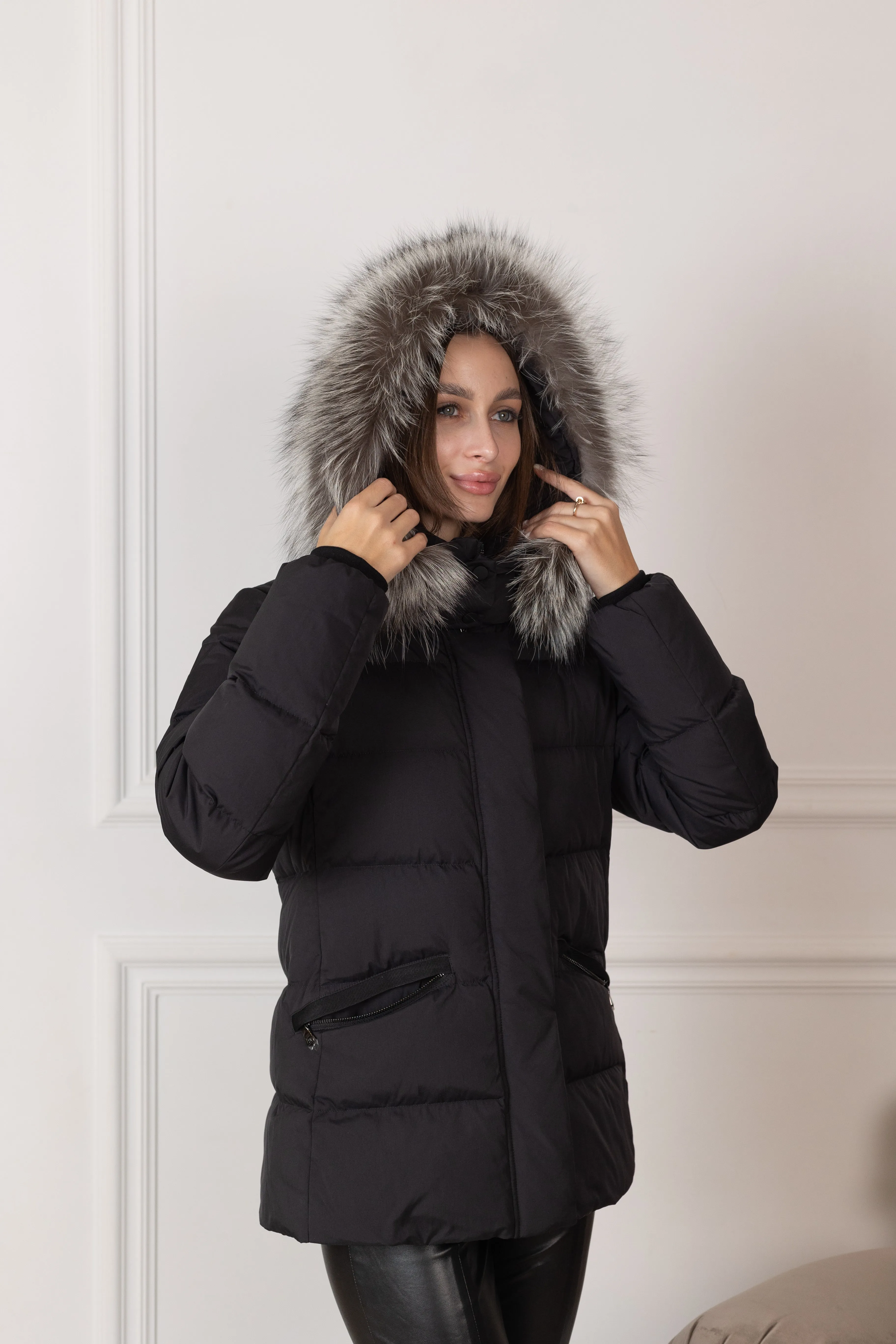 Genuine Silver Fox Fur Down Fill Coat