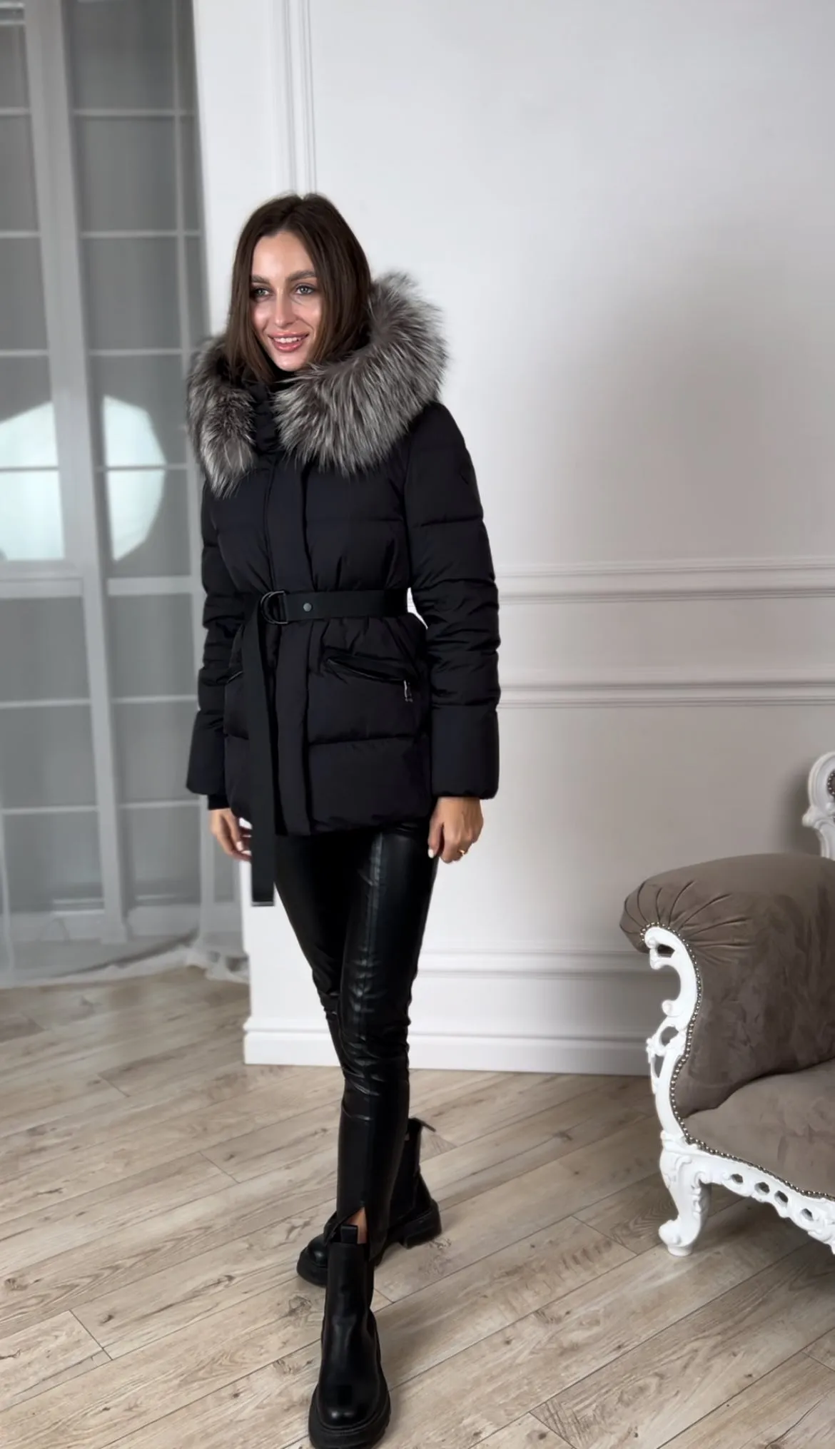 Genuine Silver Fox Fur Down Fill Coat