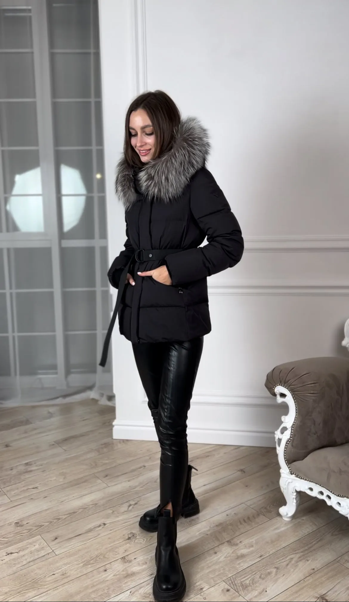 Genuine Silver Fox Fur Down Fill Coat