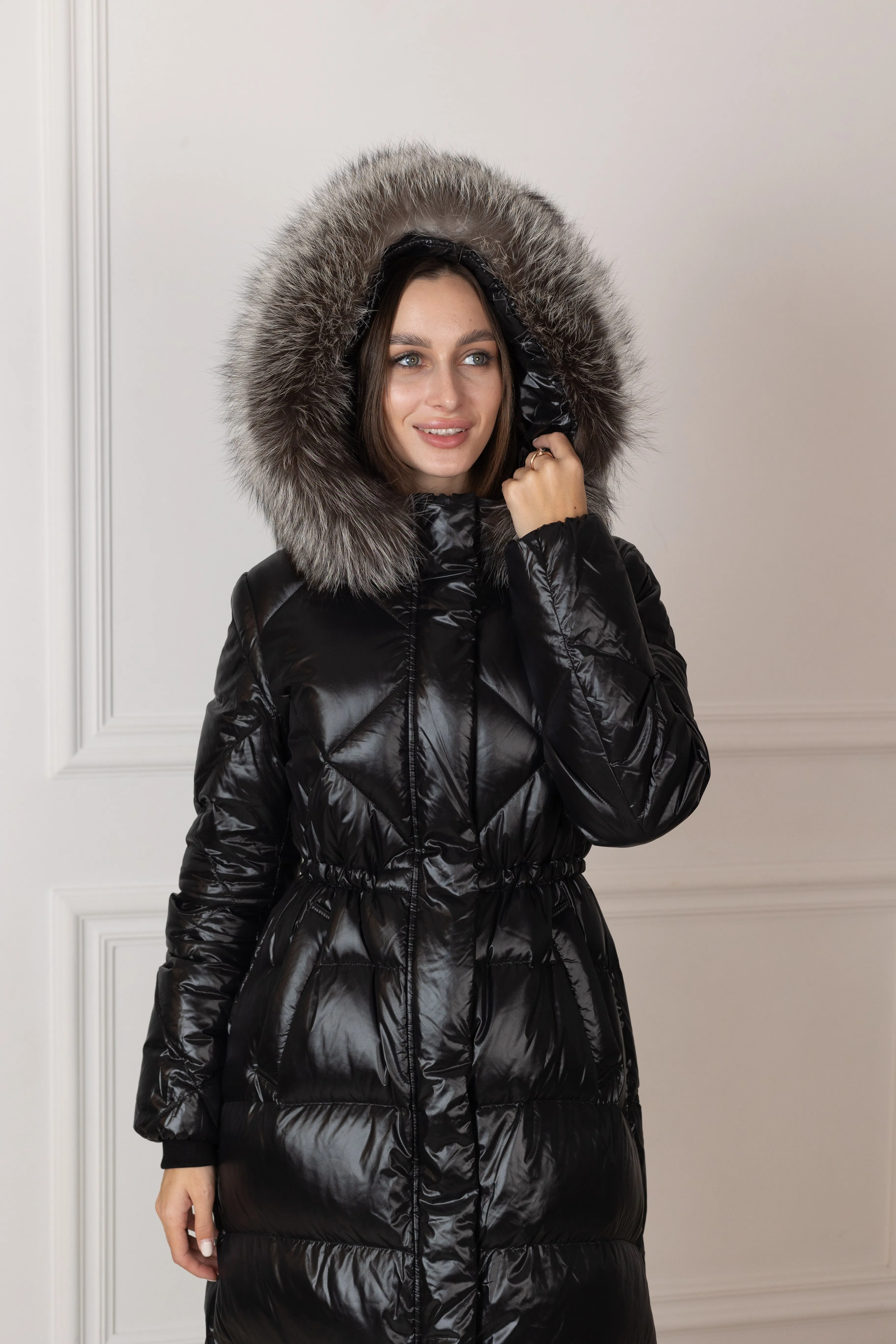 Genuine Silver Fox Fur Trim Down Fill Coat