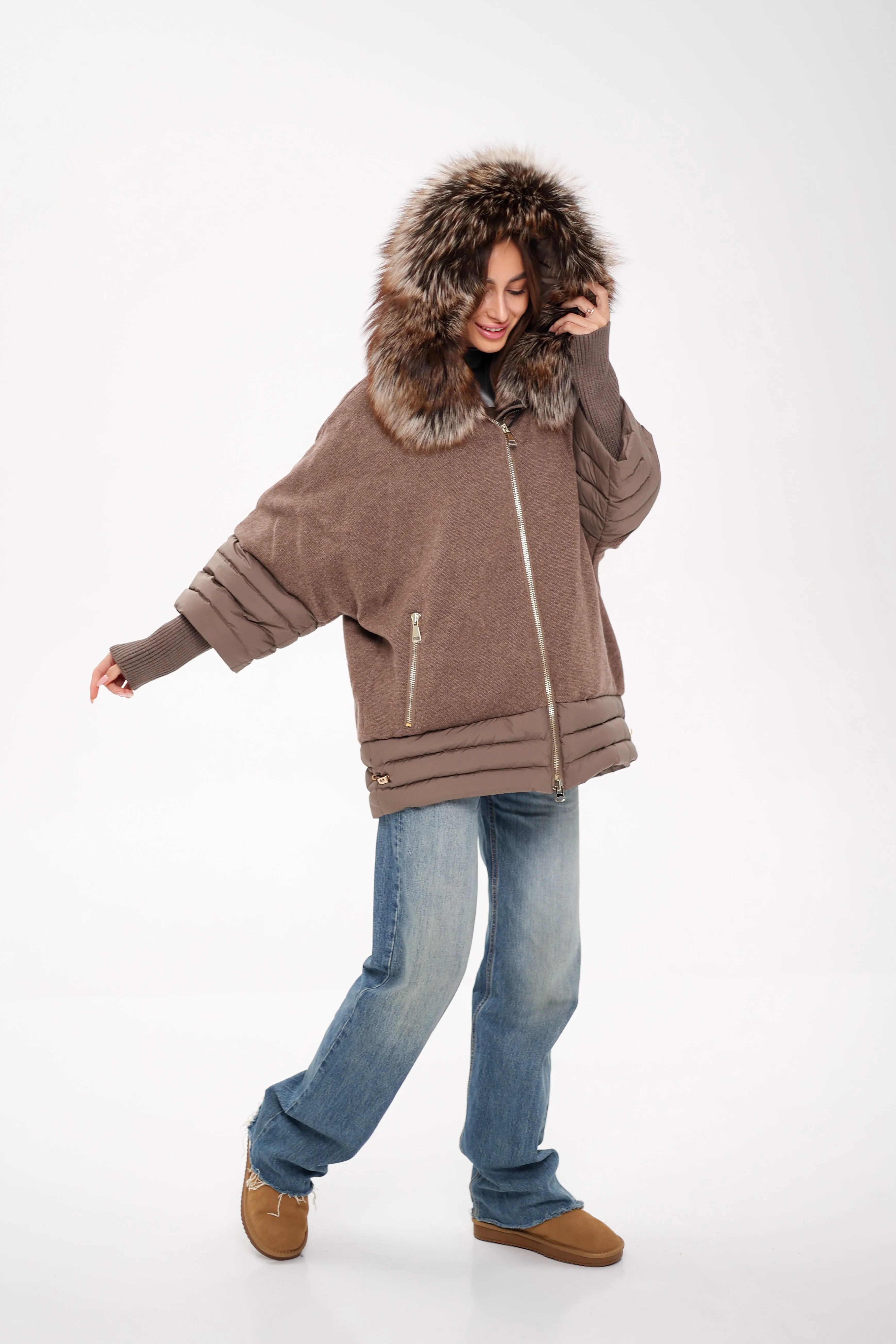 Genuine Silver Fox Wool Blend Down Fill Coat
