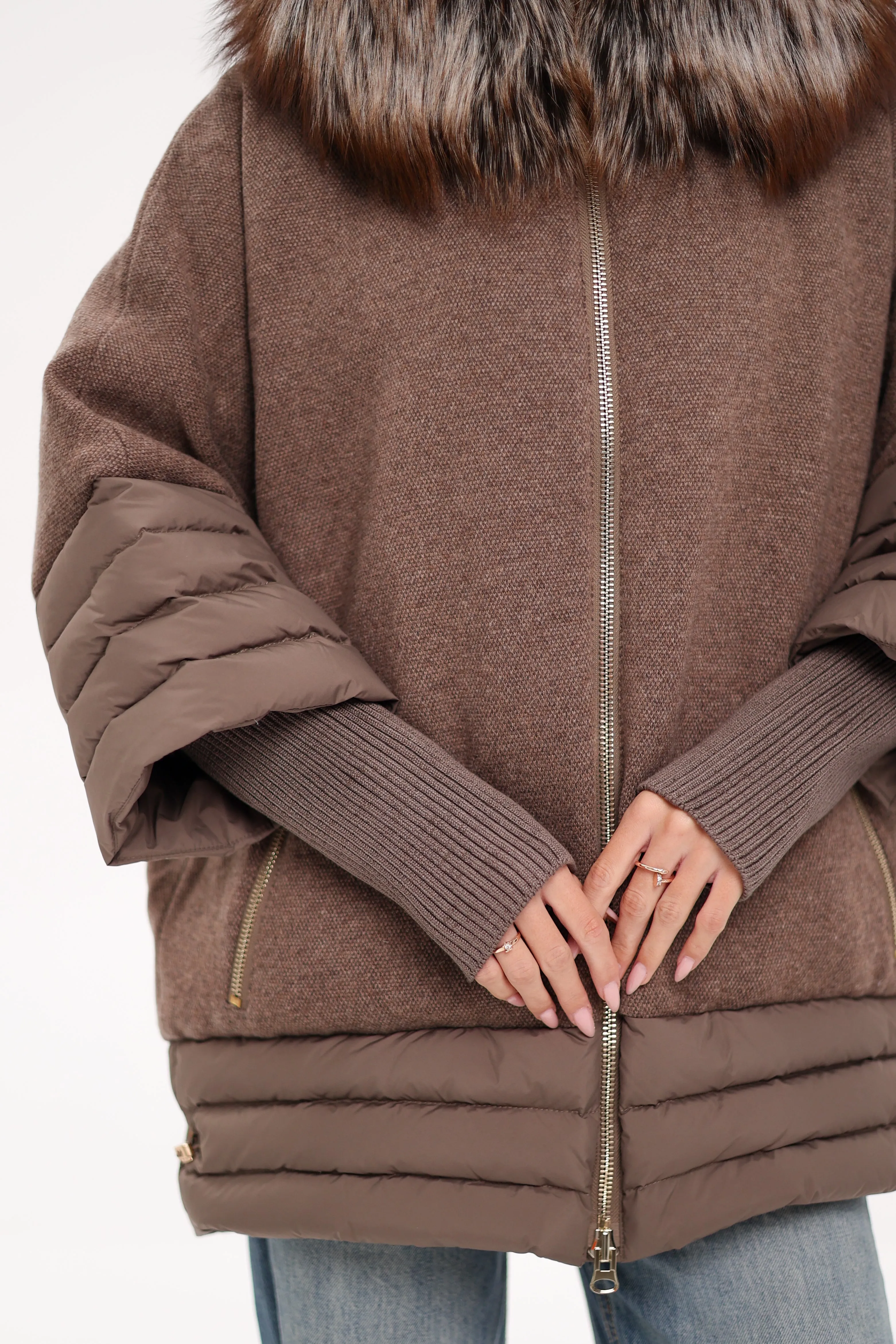 Genuine Silver Fox Wool Blend Down Fill Coat