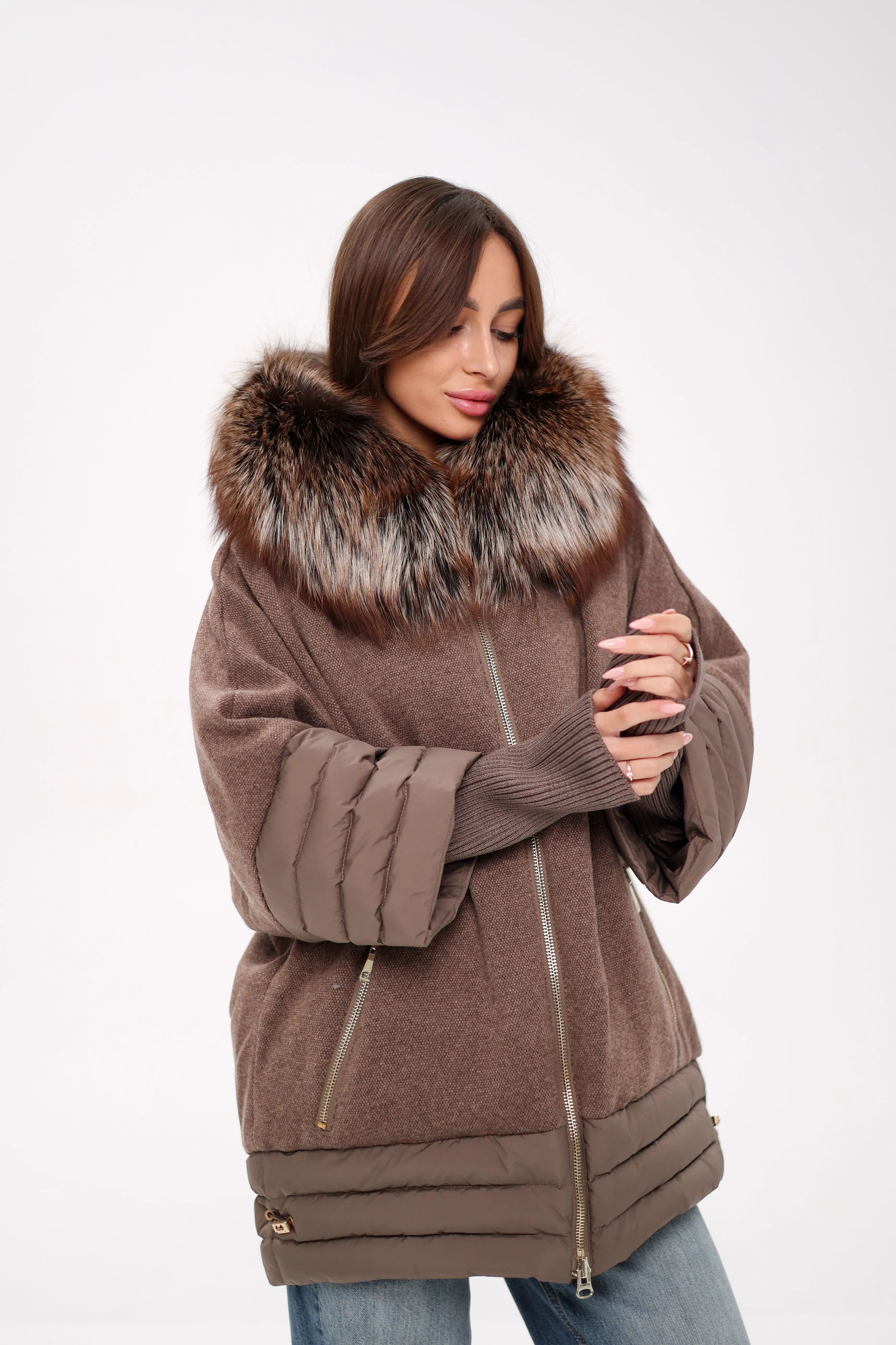 Genuine Silver Fox Wool Blend Down Fill Coat