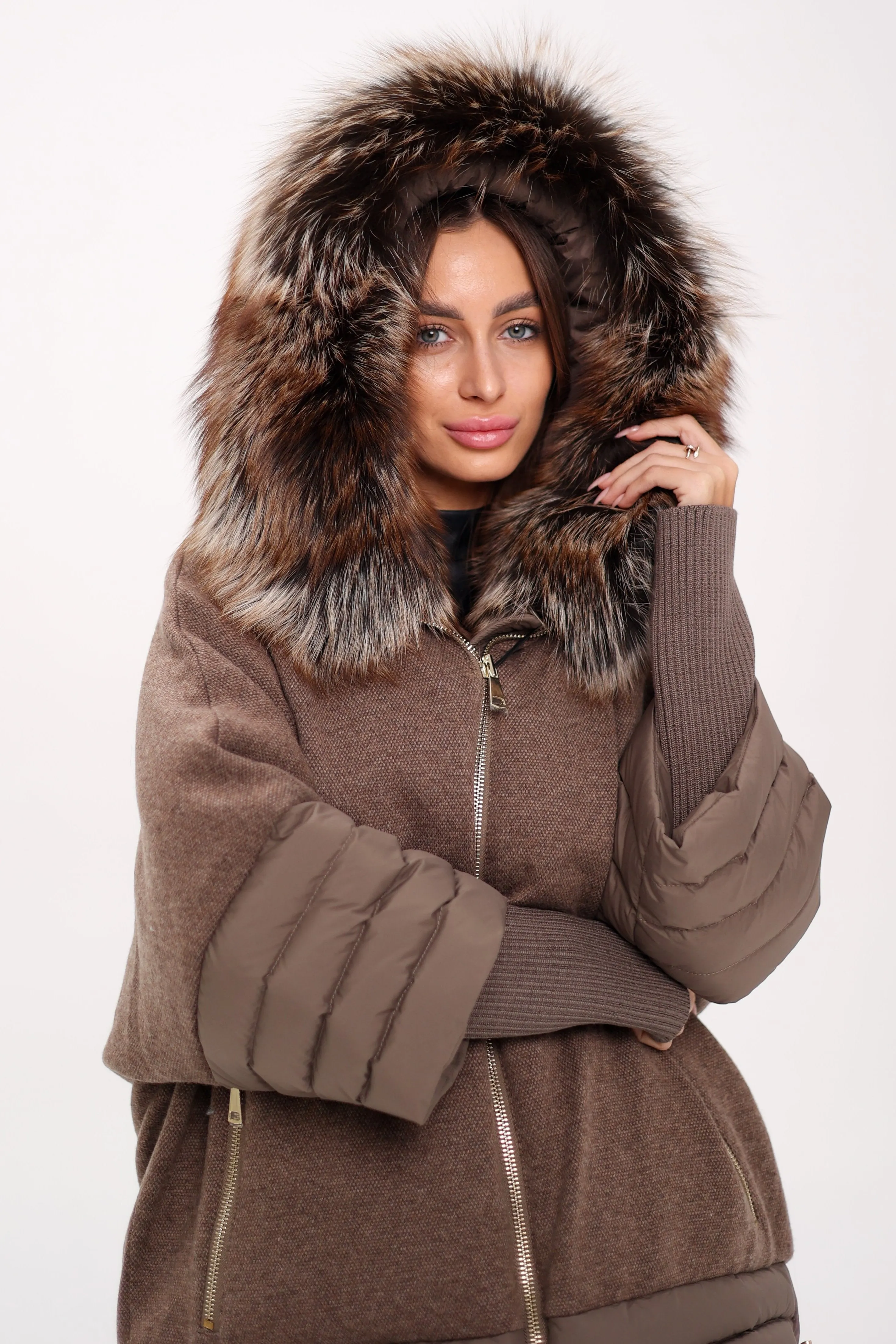 Genuine Silver Fox Wool Blend Down Fill Coat