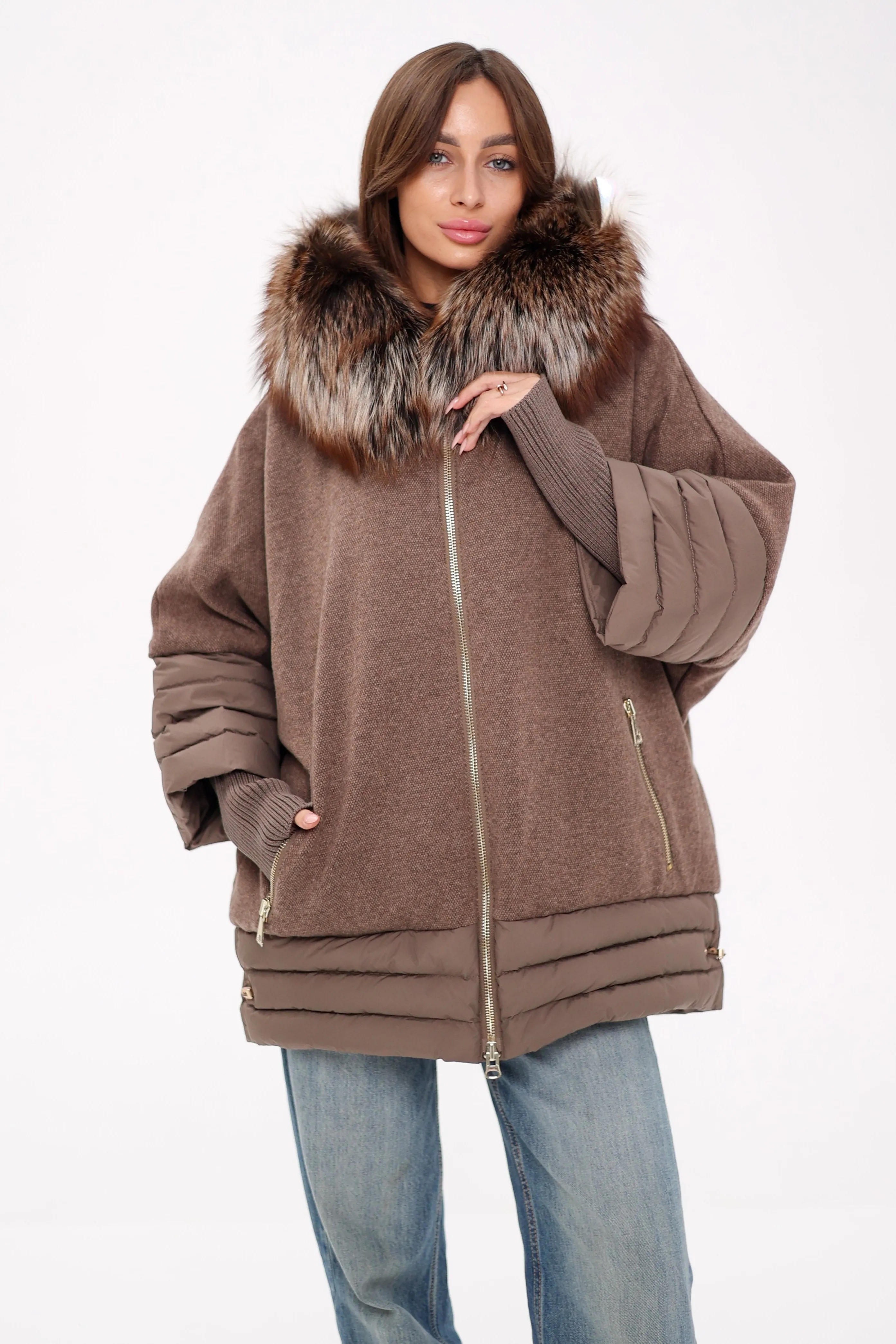 Genuine Silver Fox Wool Blend Down Fill Coat