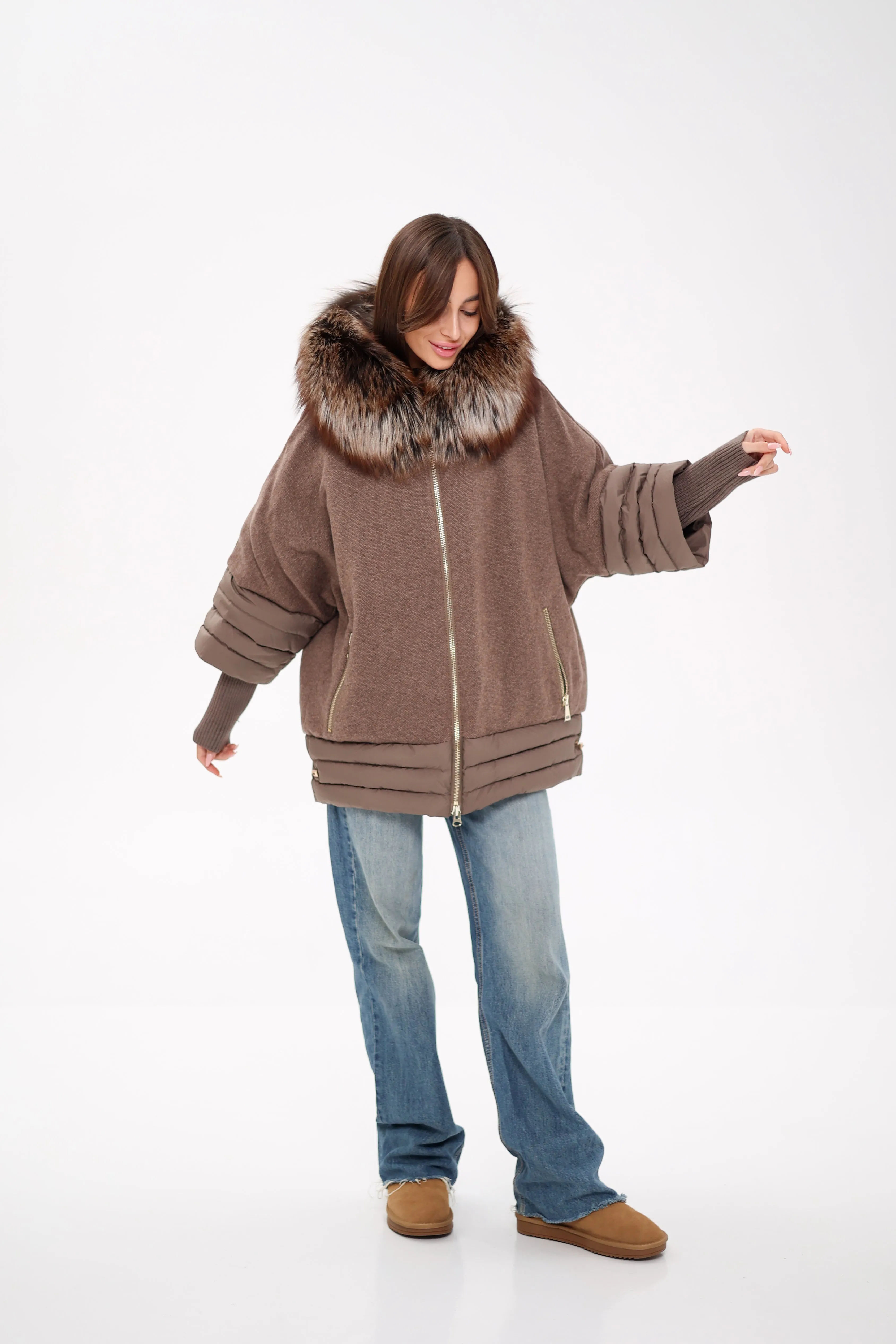 Genuine Silver Fox Wool Blend Down Fill Coat