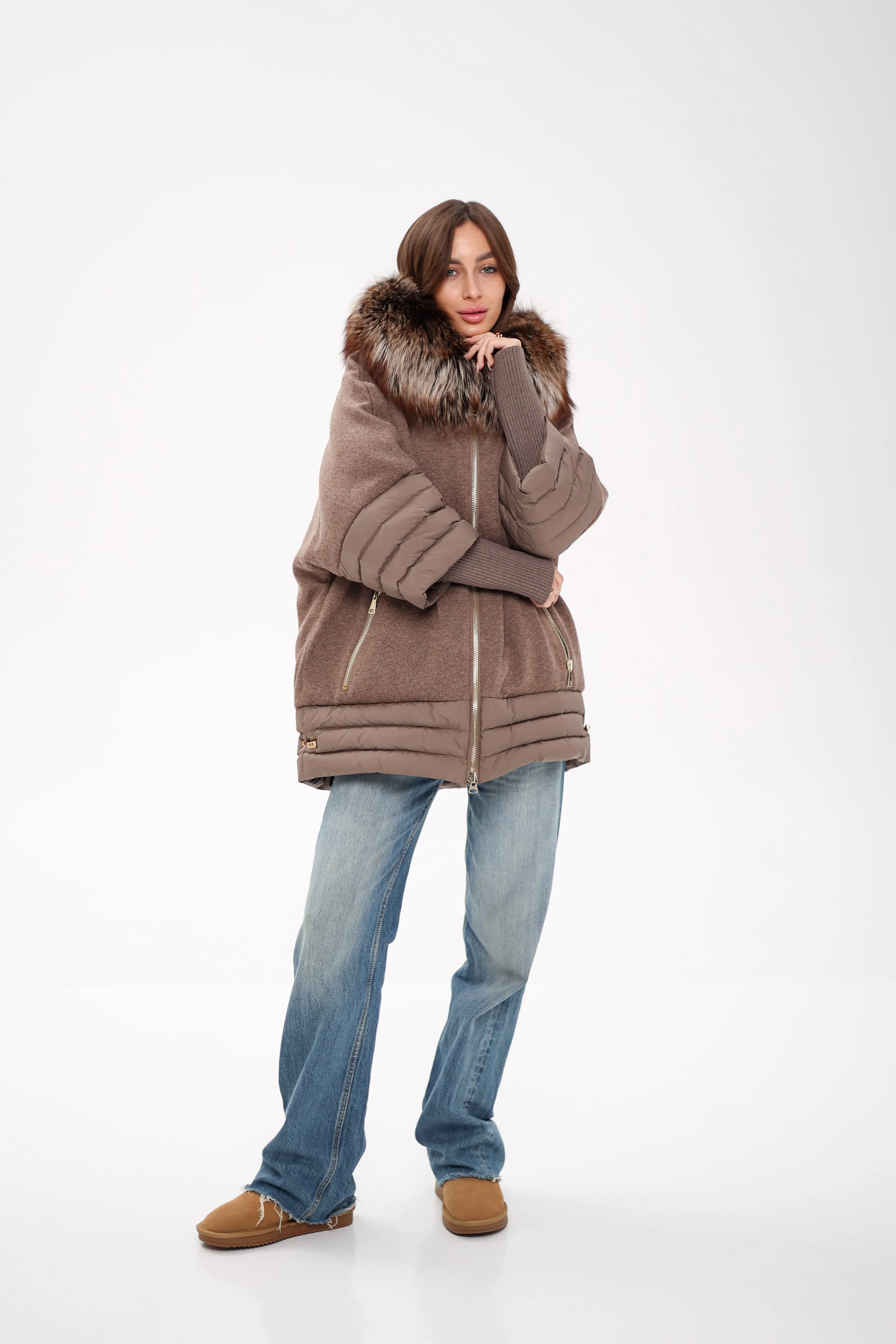 Genuine Silver Fox Wool Blend Down Fill Coat