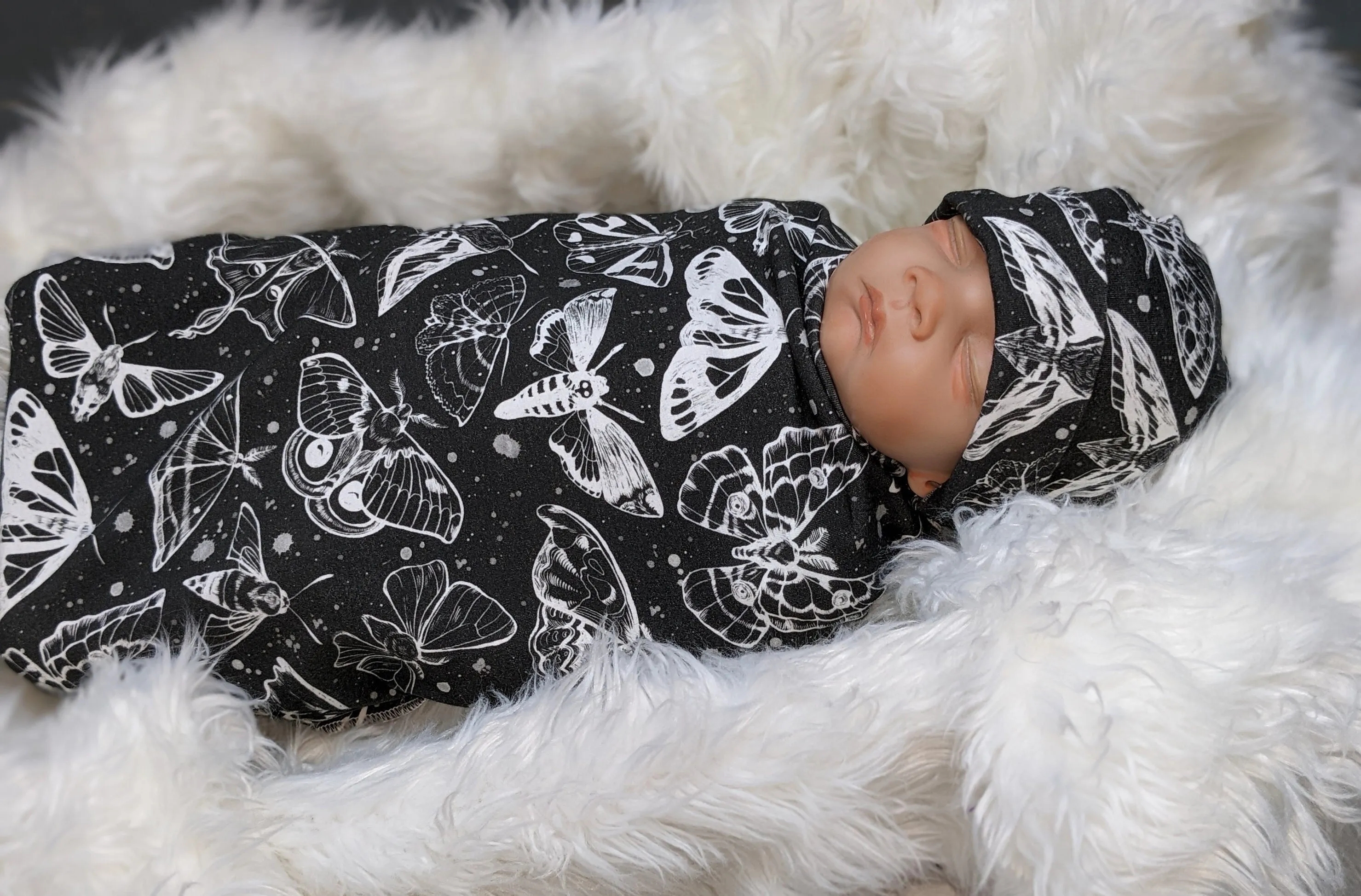 Goth Baby Swaddle,Witchy White Moths Blanket   Headband or Hat,Heavy Metal Baby,Death Moth Blanket,Paint Splatter Print,Fantasy Baby