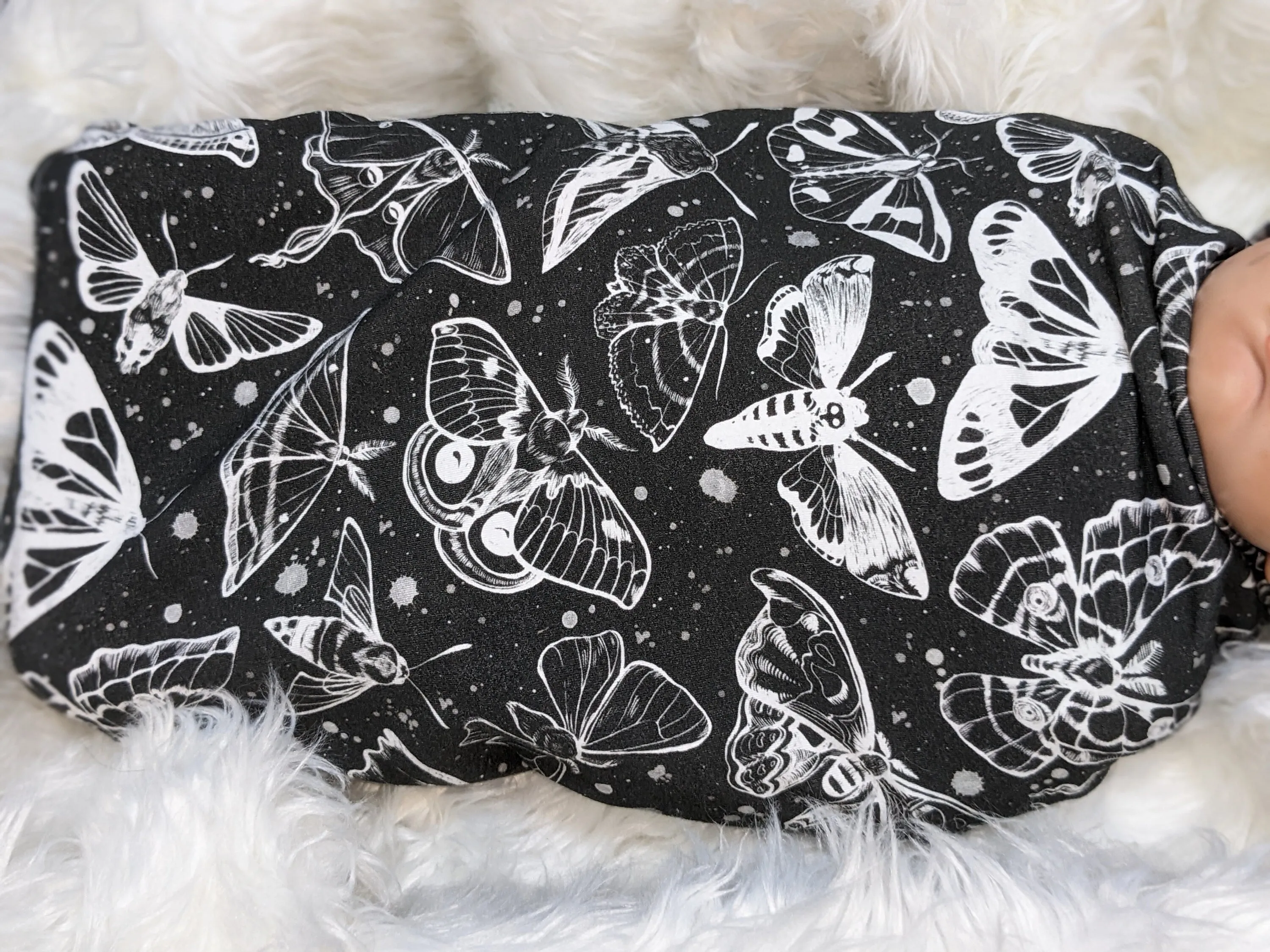 Goth Baby Swaddle,Witchy White Moths Blanket   Headband or Hat,Heavy Metal Baby,Death Moth Blanket,Paint Splatter Print,Fantasy Baby