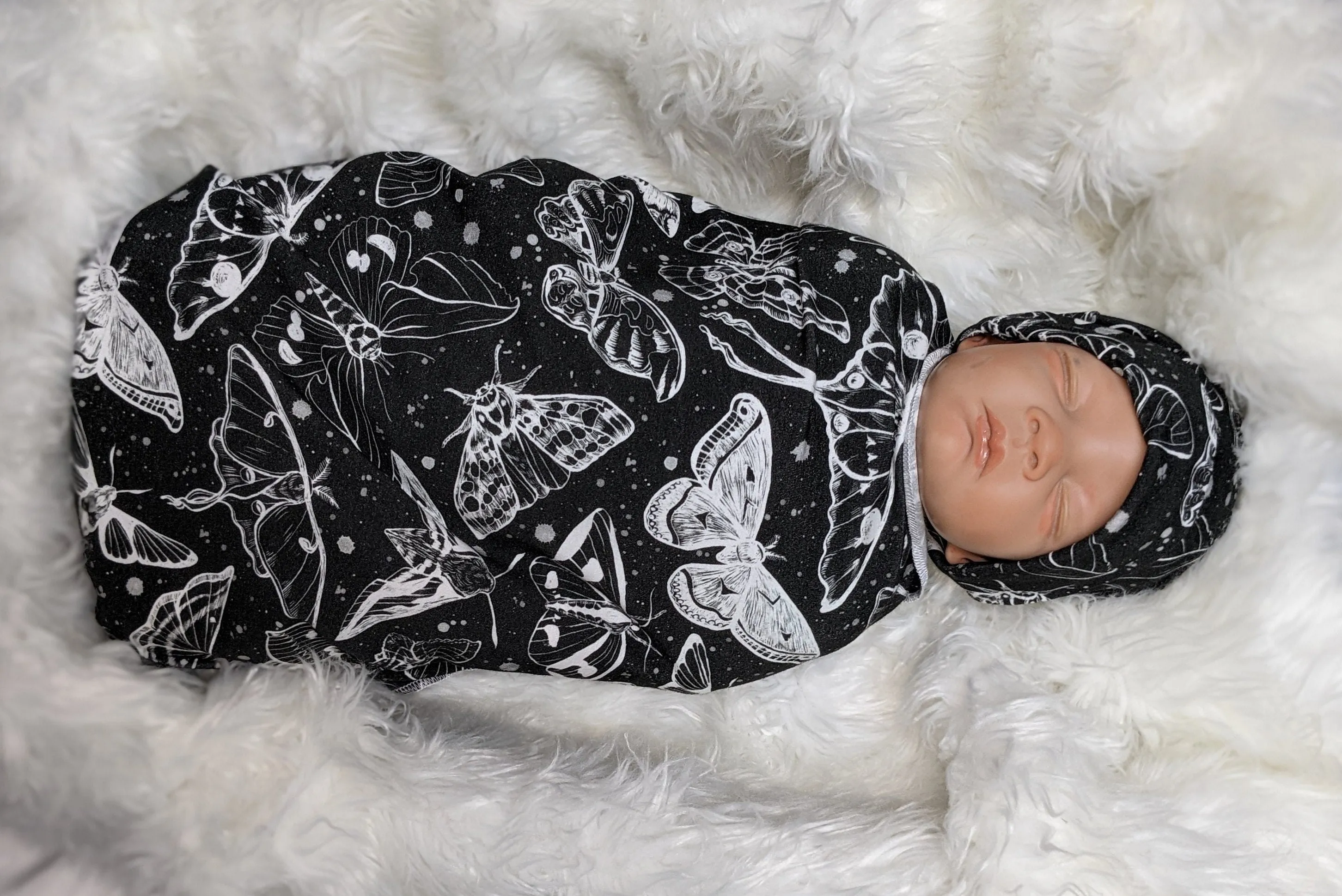 Goth Baby Swaddle,Witchy White Moths Blanket   Headband or Hat,Heavy Metal Baby,Death Moth Blanket,Paint Splatter Print,Fantasy Baby