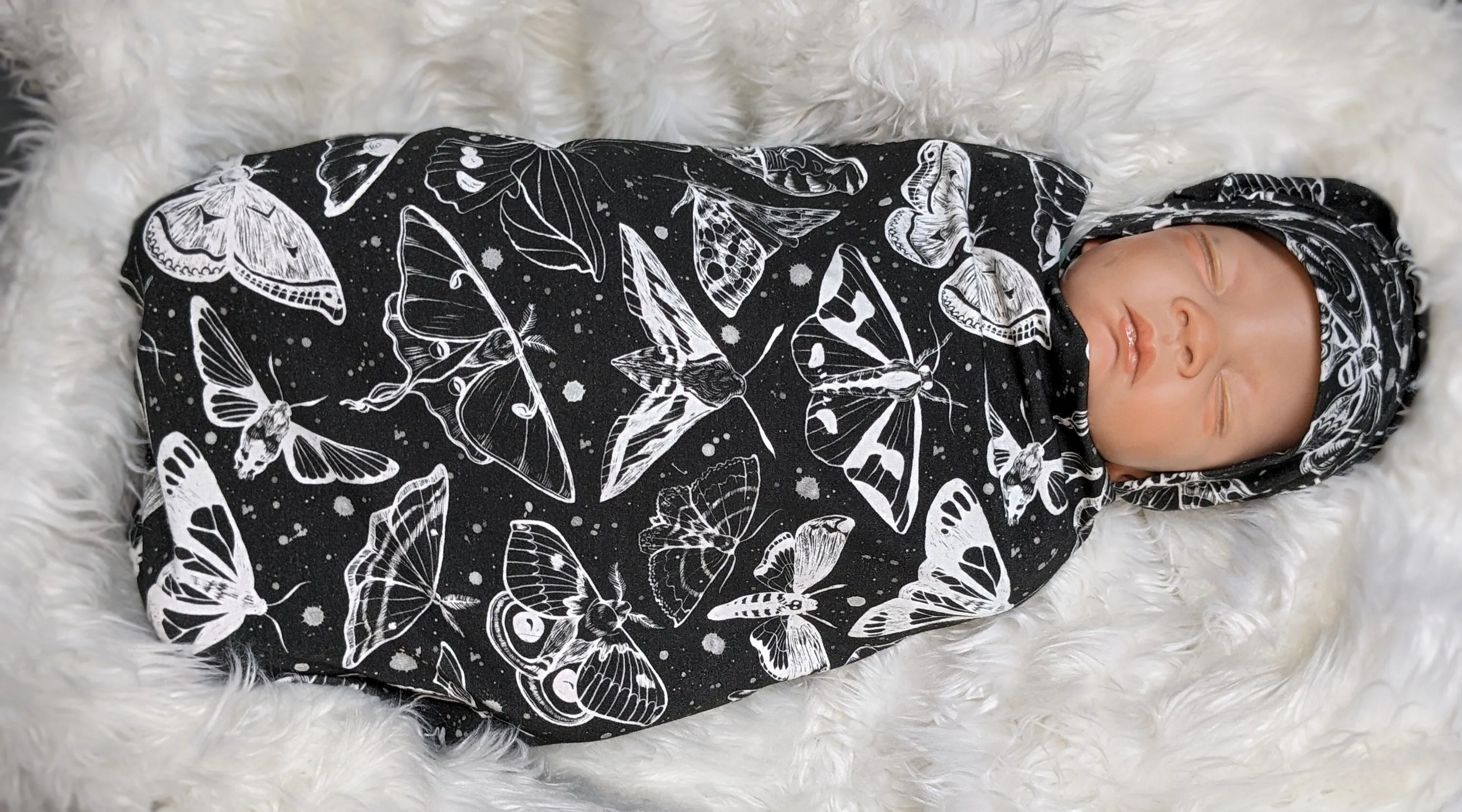 Goth Baby Swaddle,Witchy White Moths Blanket   Headband or Hat,Heavy Metal Baby,Death Moth Blanket,Paint Splatter Print,Fantasy Baby