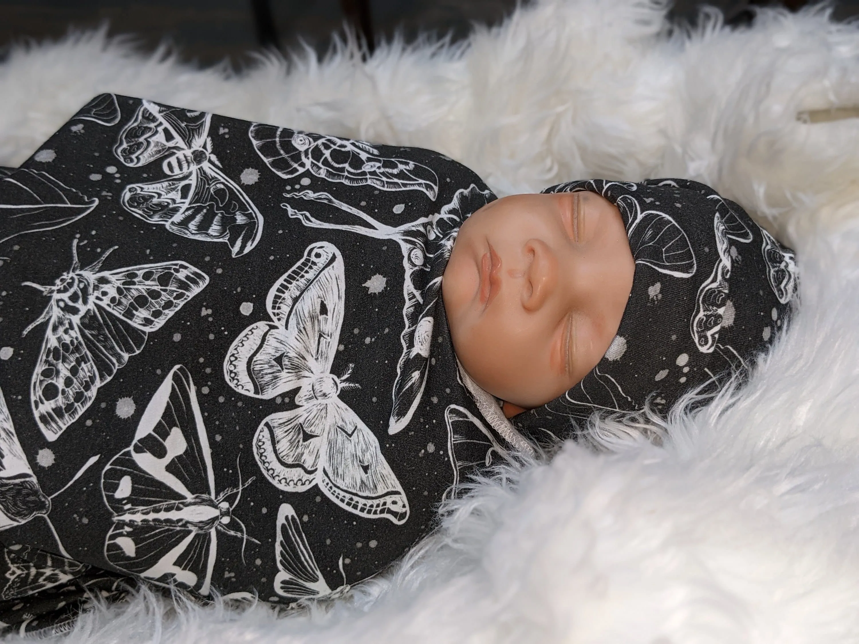 Goth Baby Swaddle,Witchy White Moths Blanket   Headband or Hat,Heavy Metal Baby,Death Moth Blanket,Paint Splatter Print,Fantasy Baby