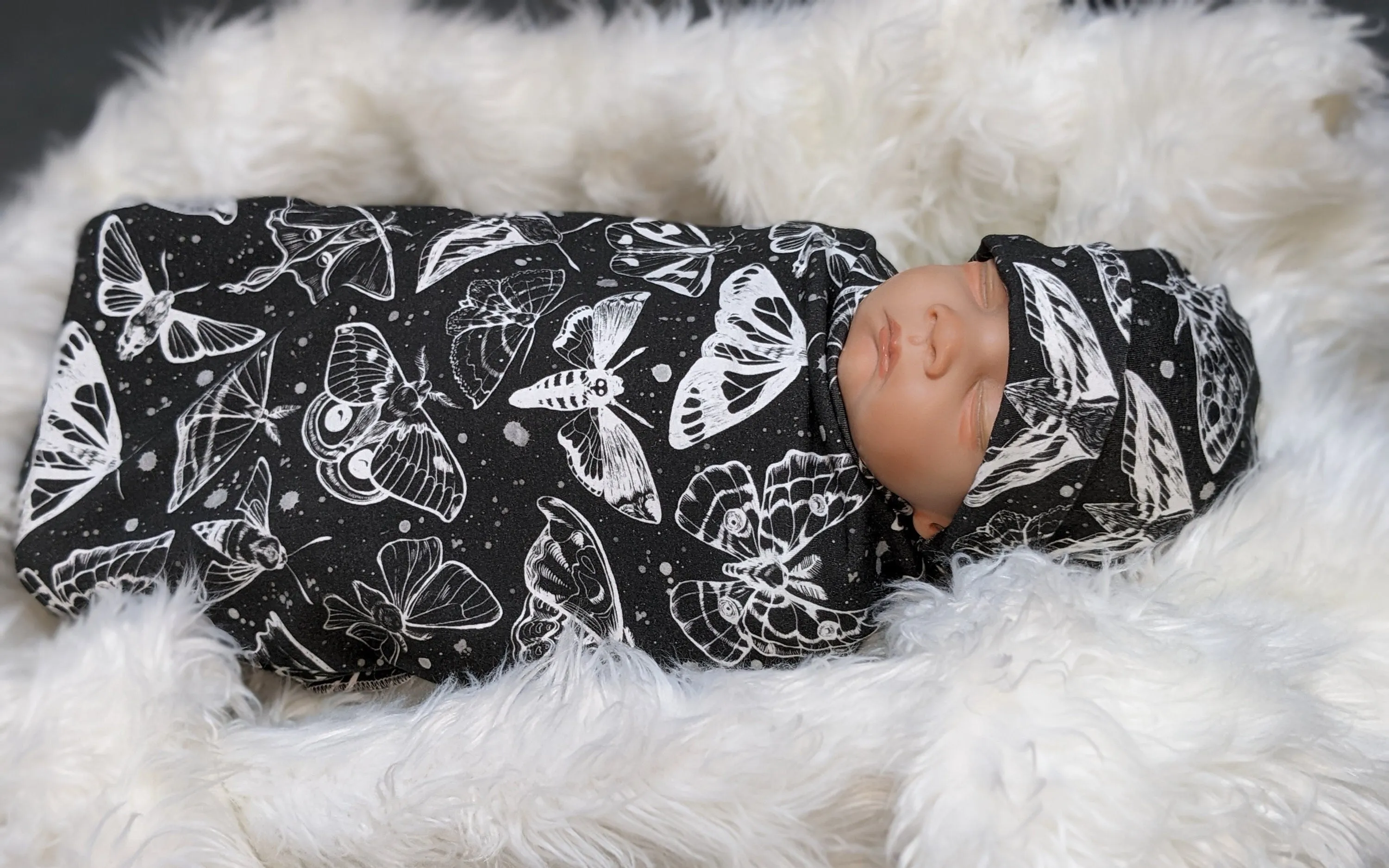 Goth Baby Swaddle,Witchy White Moths Blanket   Headband or Hat,Heavy Metal Baby,Death Moth Blanket,Paint Splatter Print,Fantasy Baby