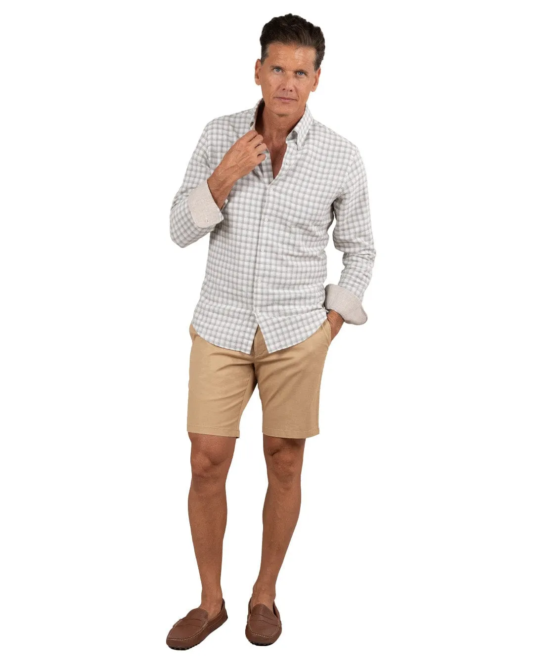 Green Slim Fit Cotton Linen Check Button-Down Shirt