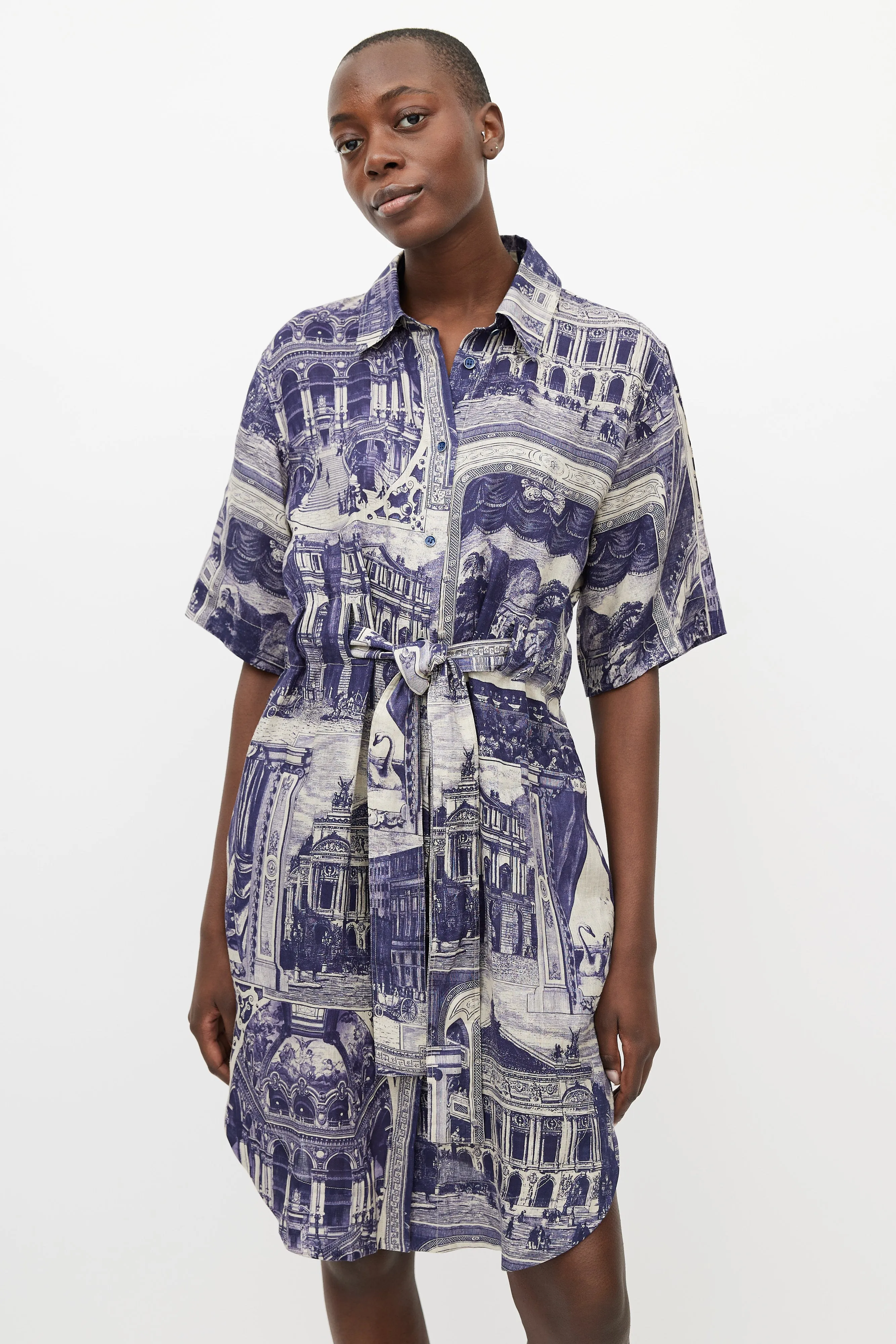 Grey & Blue Theatre Linen Belted Dress