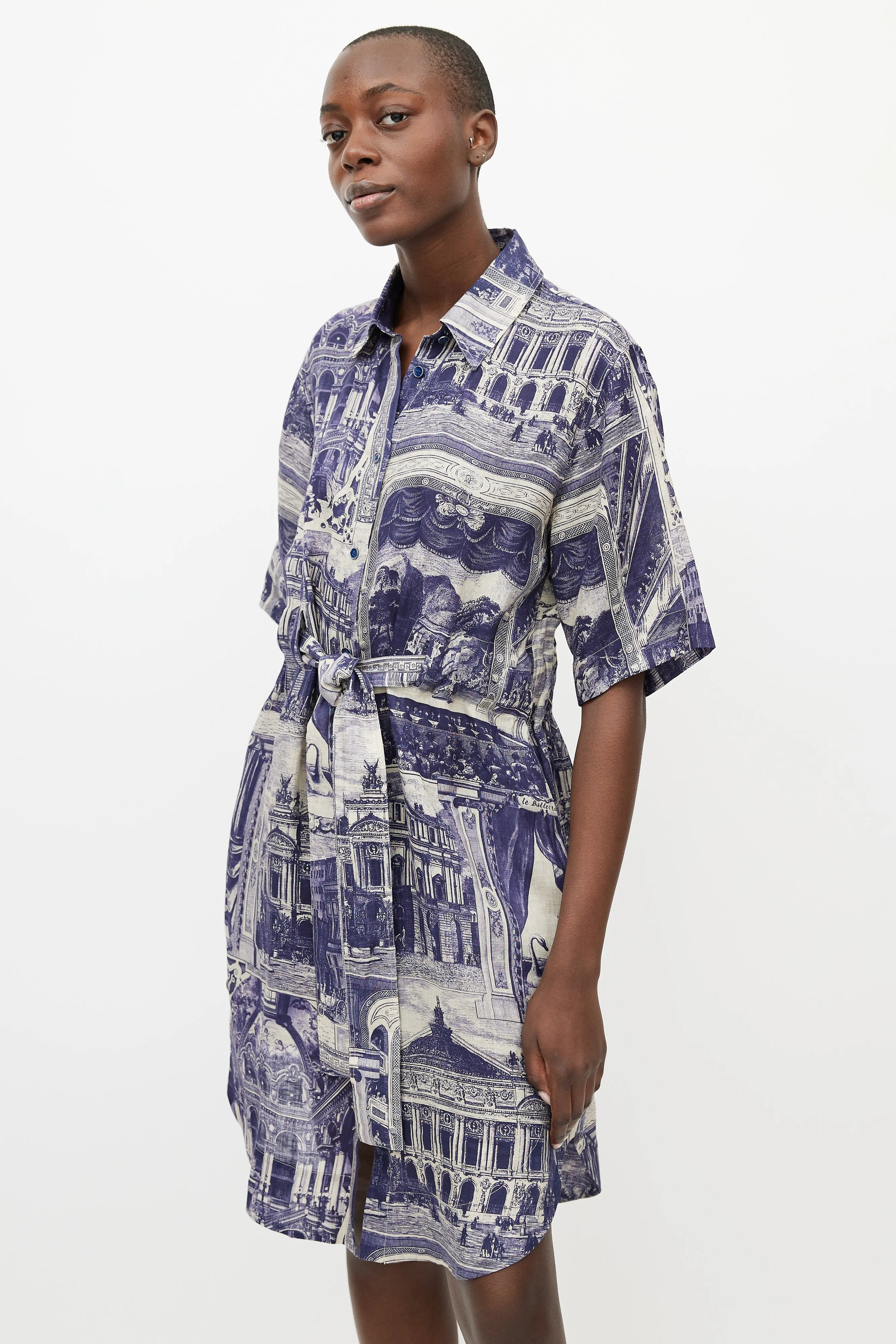 Grey & Blue Theatre Linen Belted Dress