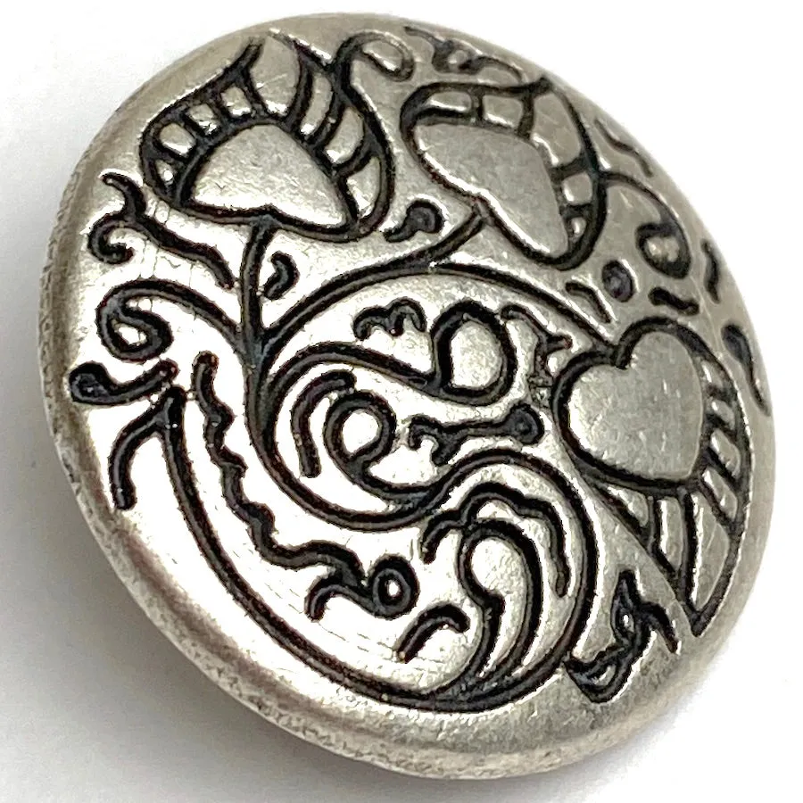 Heart Leaf Squiggles Antique Silver 13/16" Shank Back Metal Button 20mm  #FJ-43