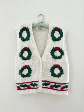 Holiday Wreath Hand Knit 80s Vintage Sweater Vest (M/L)