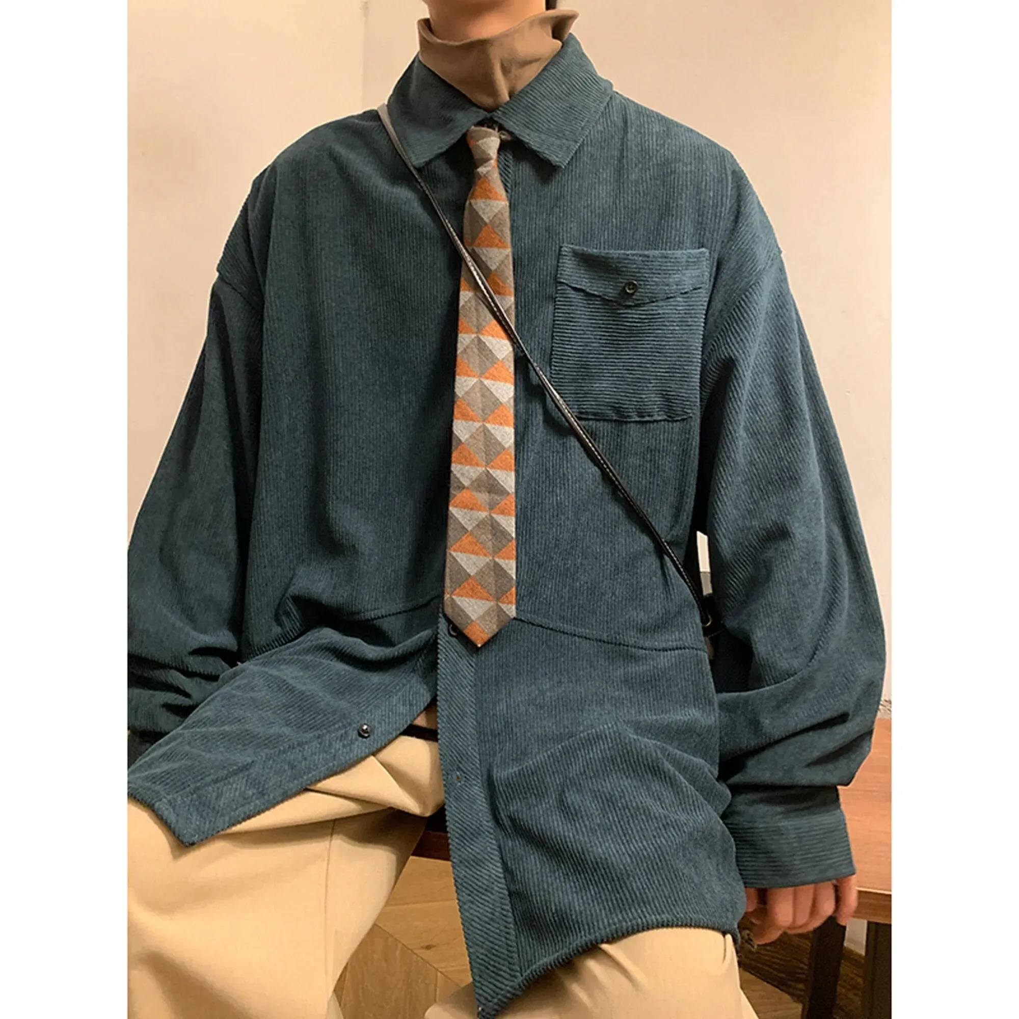 Ilooove - Autumn Fashion Men's Shirts Casual Oversized Loose Tops Single Breasted Corduroy Soft Jacket Coat Cool Boys Solid Print Shirt
