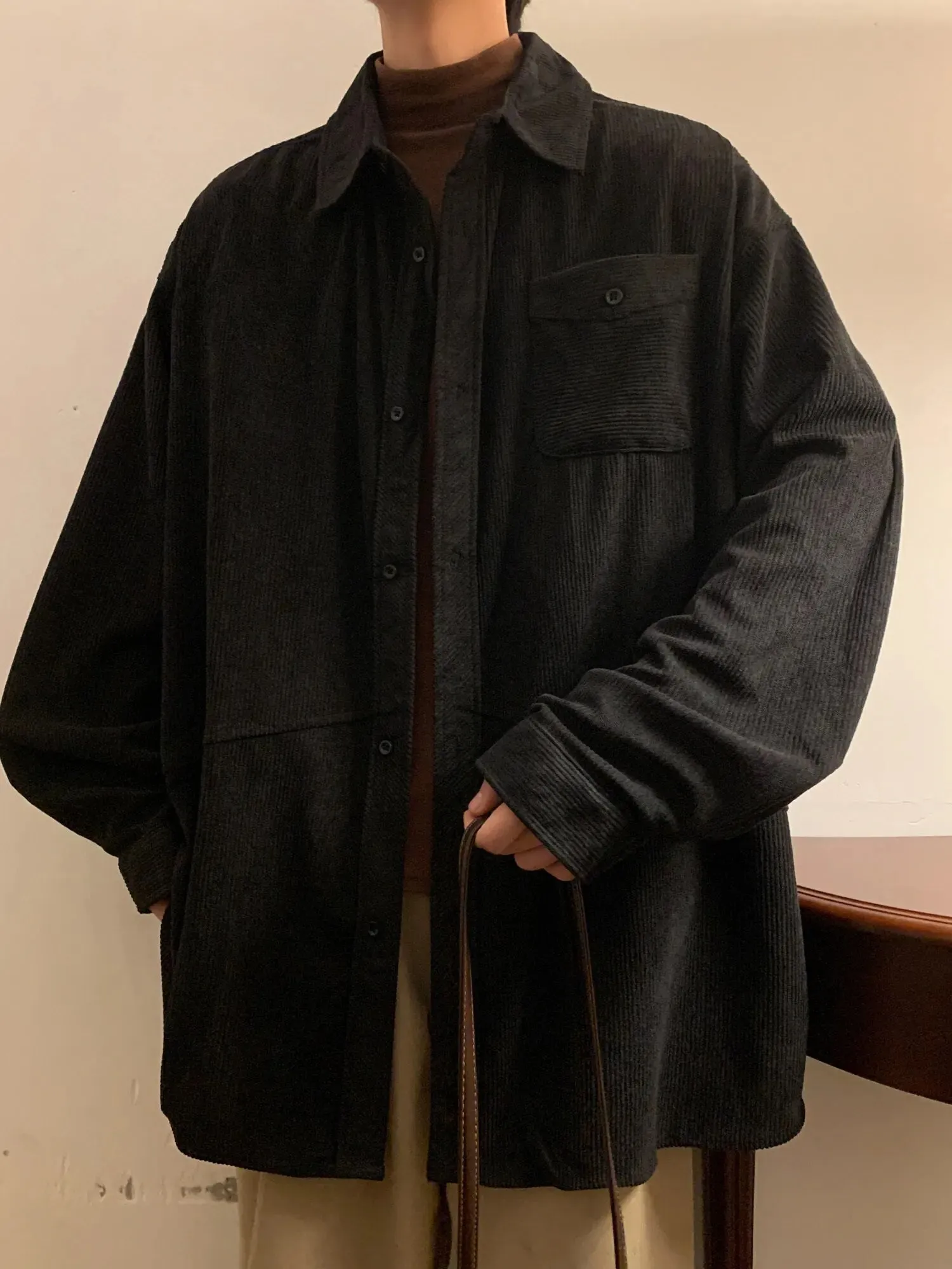 Ilooove - Autumn Fashion Men's Shirts Casual Oversized Loose Tops Single Breasted Corduroy Soft Jacket Coat Cool Boys Solid Print Shirt