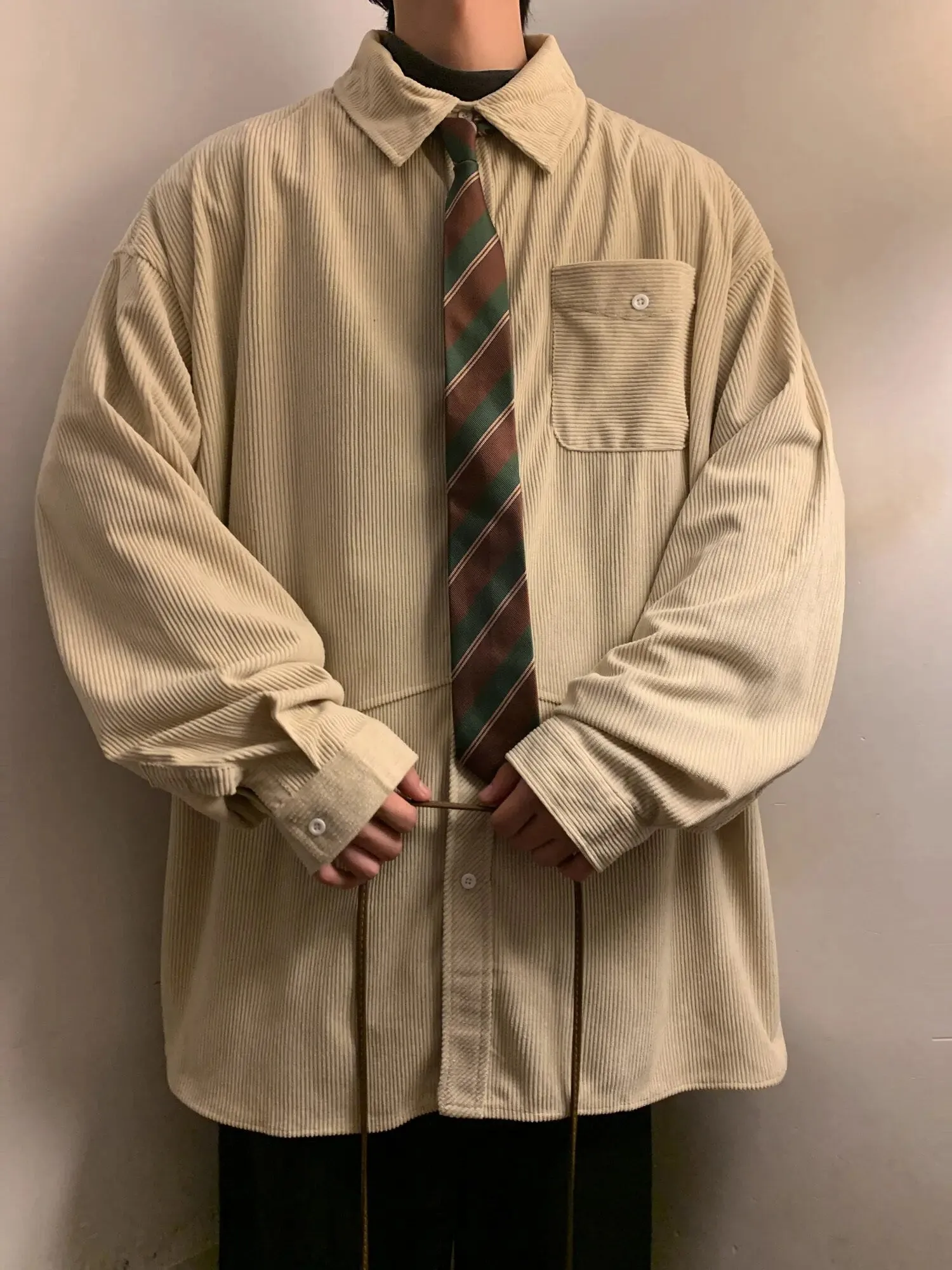 Ilooove - Autumn Fashion Men's Shirts Casual Oversized Loose Tops Single Breasted Corduroy Soft Jacket Coat Cool Boys Solid Print Shirt