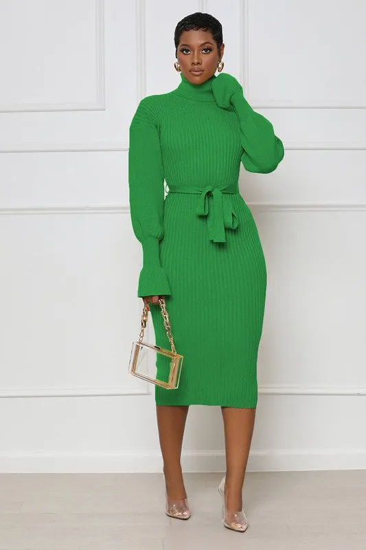 Jade Long Sleeve Bodycon Turtleneck Midi Green Sweater Dress | Claude