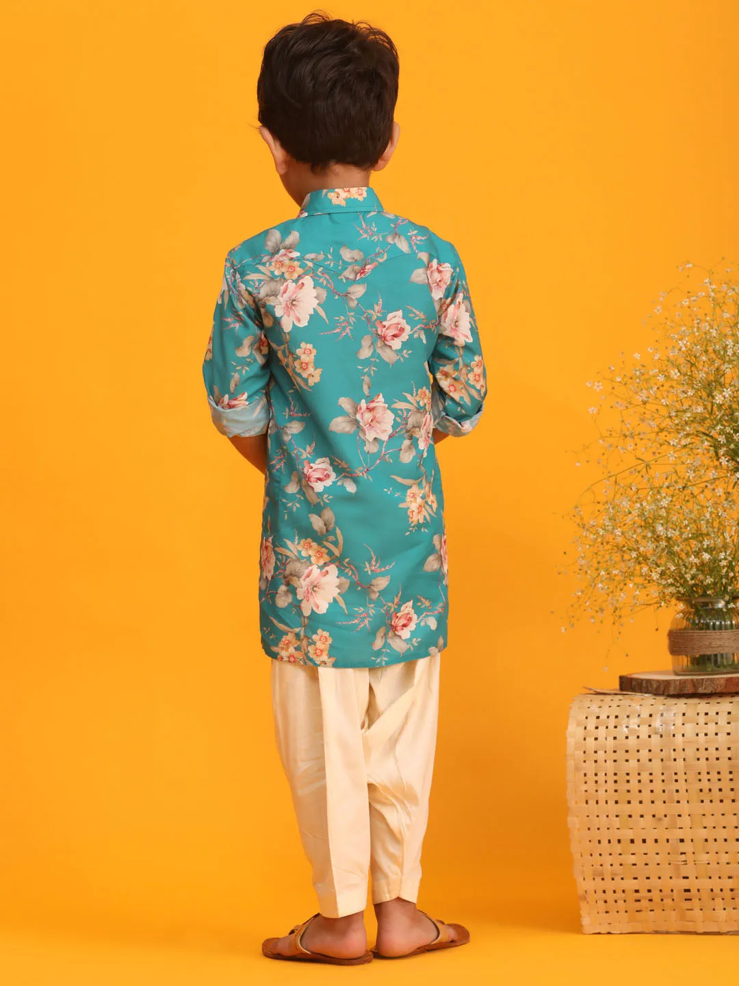 Jashvi Boy's Turquoise Floral Printed Kurta with Cream Solid Pyjama Set