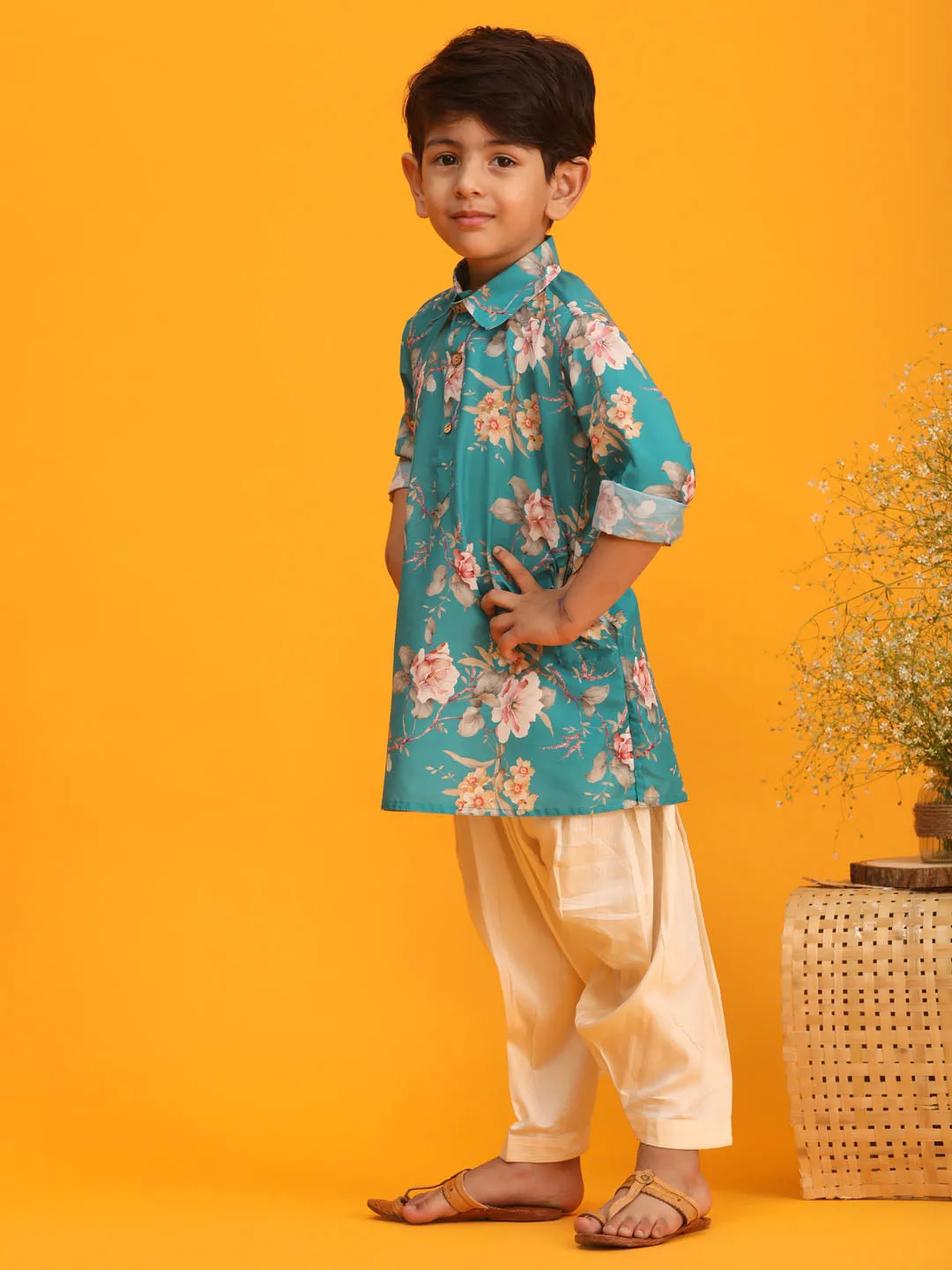 Jashvi Boy's Turquoise Floral Printed Kurta with Cream Solid Pyjama Set