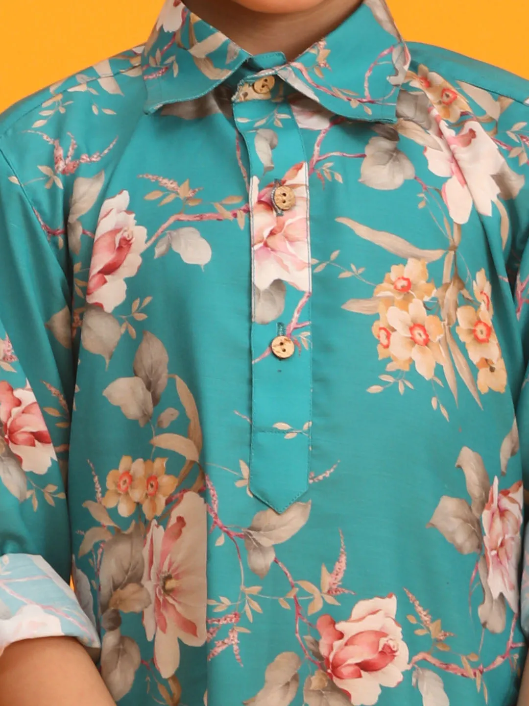 Jashvi Boy's Turquoise Floral Printed Kurta with Cream Solid Pyjama Set