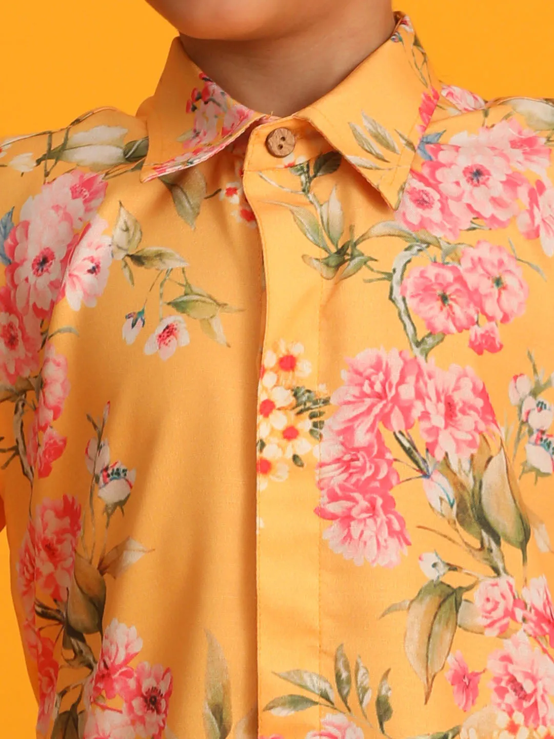 Jashvi Boy's Yellow Floral Printed Kurta with Cream Solid Patiala Set