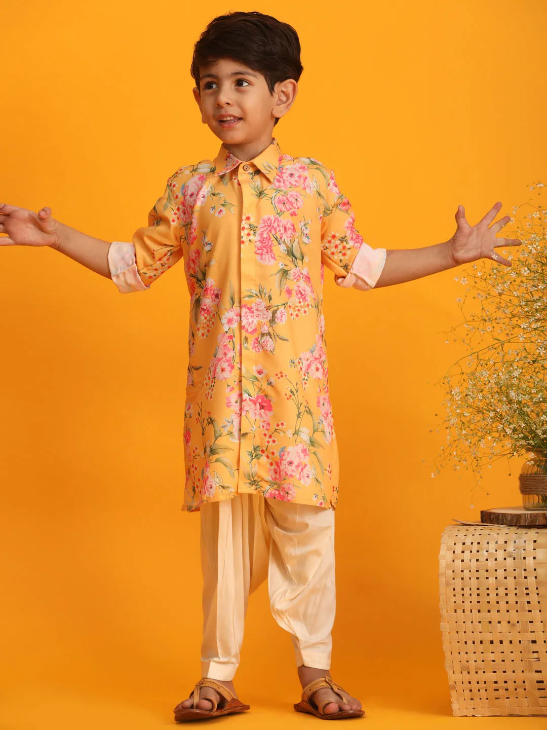 Jashvi Boy's Yellow Floral Printed Kurta with Cream Solid Patiala Set