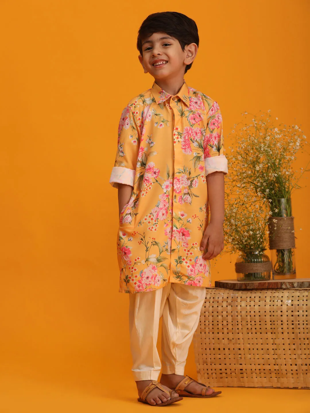 Jashvi Boy's Yellow Floral Printed Kurta with Cream Solid Patiala Set