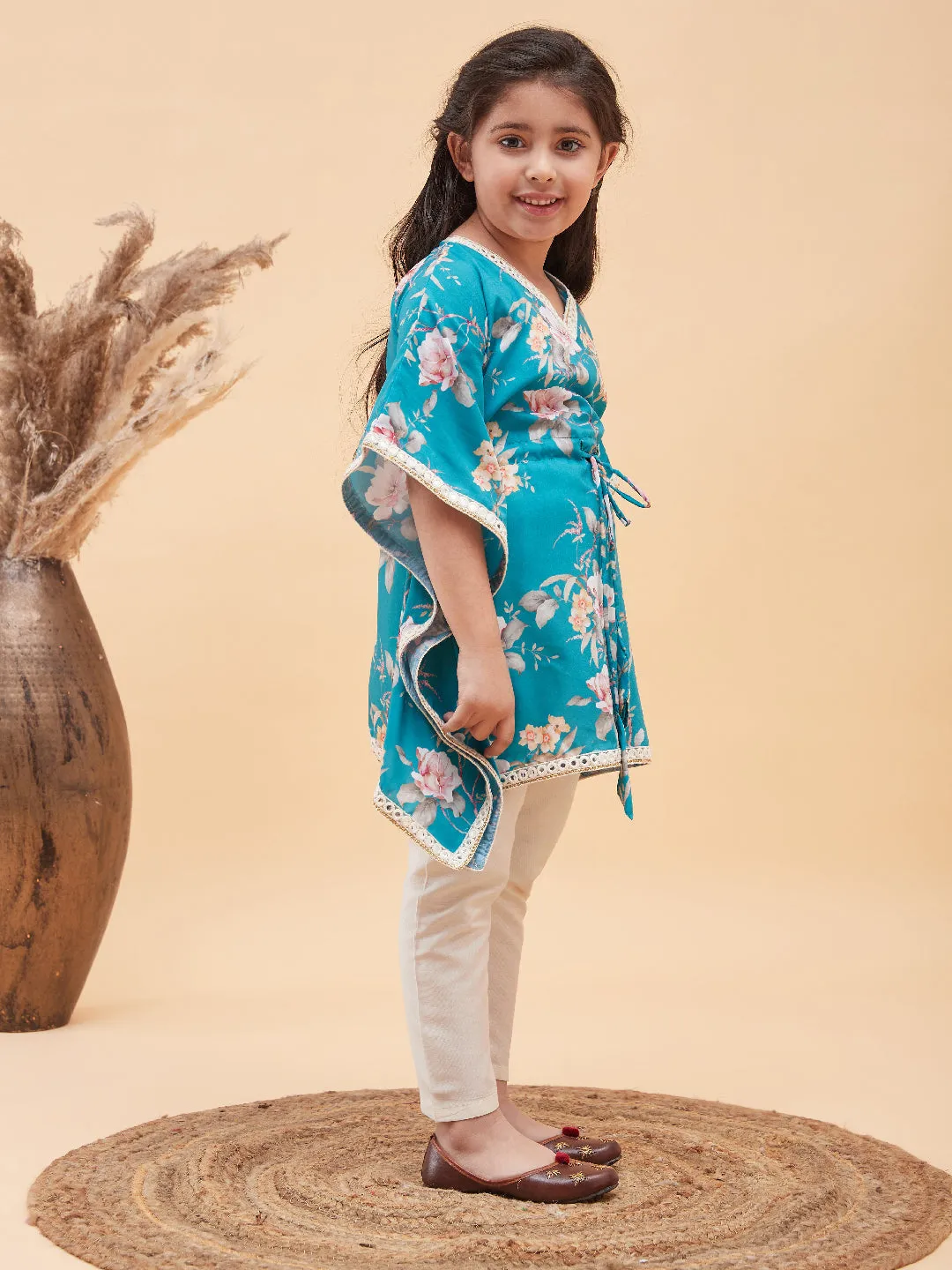 Jashvi Girls Turquoise Blue Floral Printed Kaftan Kurta With Cream Pant Set