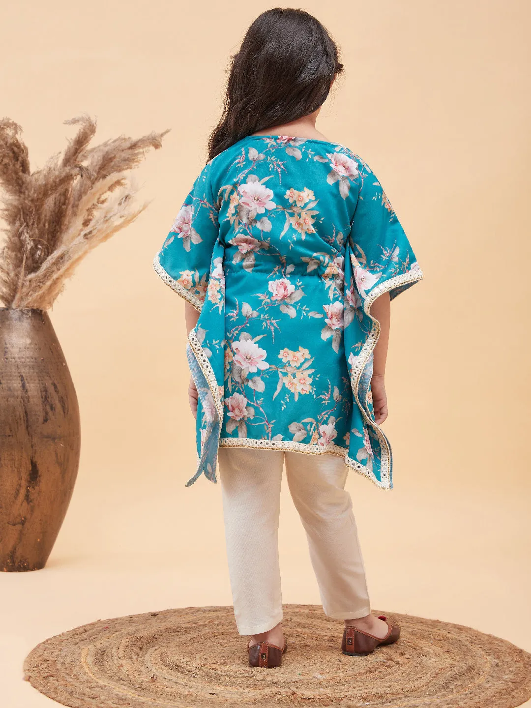 Jashvi Girls Turquoise Blue Floral Printed Kaftan Kurta With Cream Pant Set