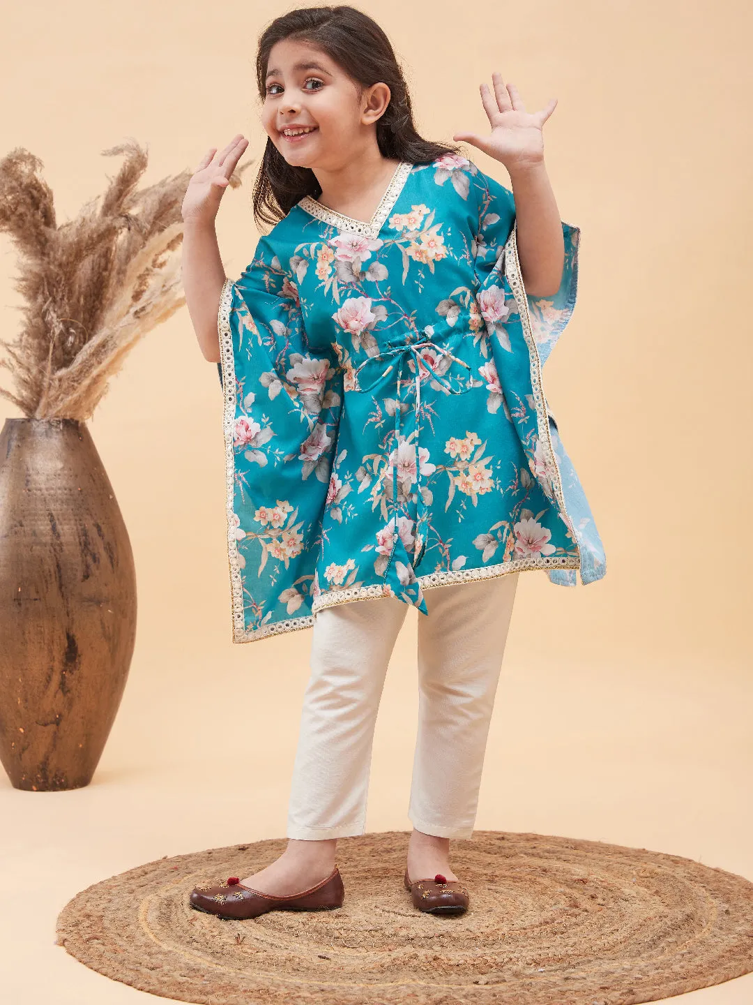 Jashvi Girls Turquoise Blue Floral Printed Kaftan Kurta With Cream Pant Set