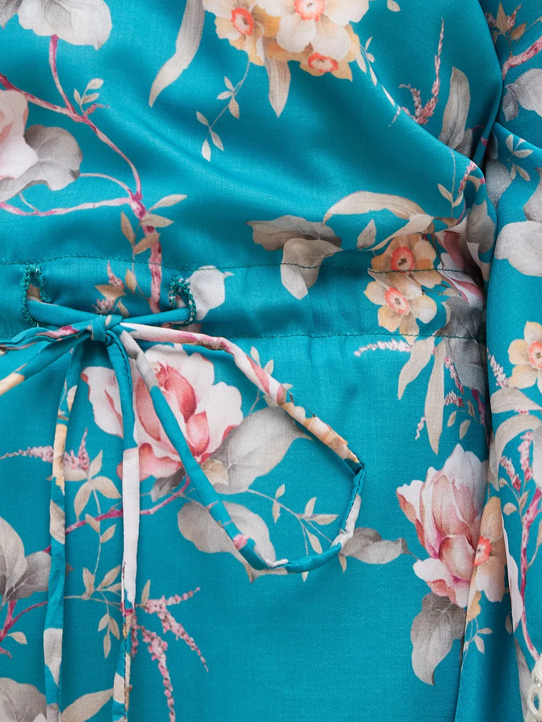 Jashvi Girls Turquoise Blue Floral Printed Kaftan Kurta With Cream Pant Set